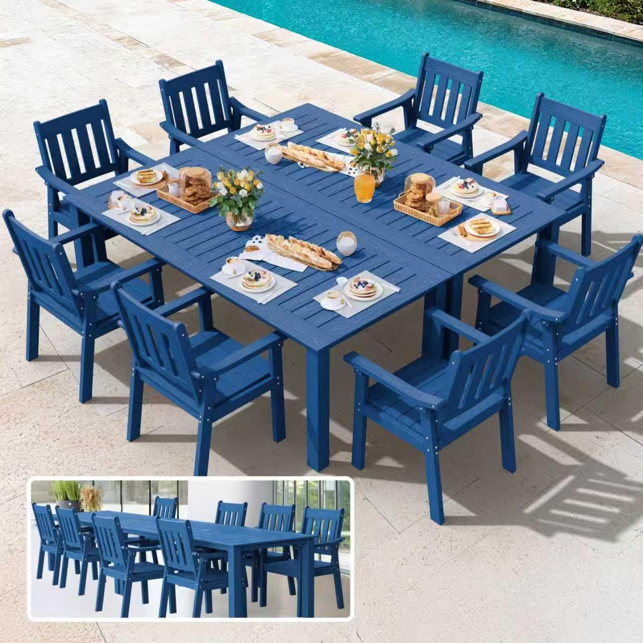 YEFU HIPS Patio Table Set: 7 Piece Outdoor Table and Chairs Dining Furniture Set with Umbrella Hole - Teak Modern Plastic Dining Sets 6 Person for Outside Deck with Metal Aluminum Frame