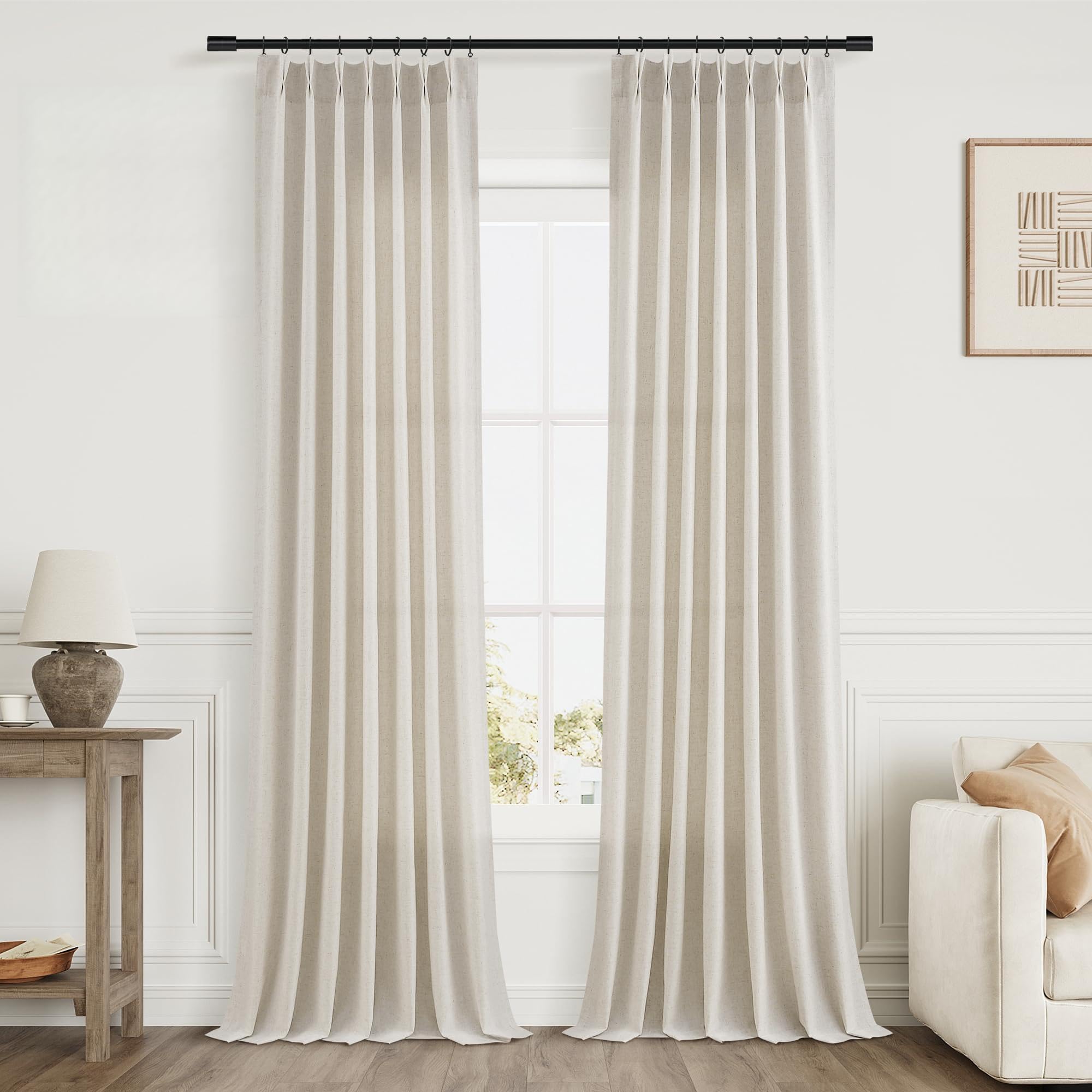 Extra Long Linen Curtains 108 Inch for Living Room Cream Pinch Pleated 9 FT Drapes Semi Sheer Ceiling to Floor Curtain for Bedroom Back Tab Flax Neutral Boho Decor Window, Natural Beige Ivory 2 Panels