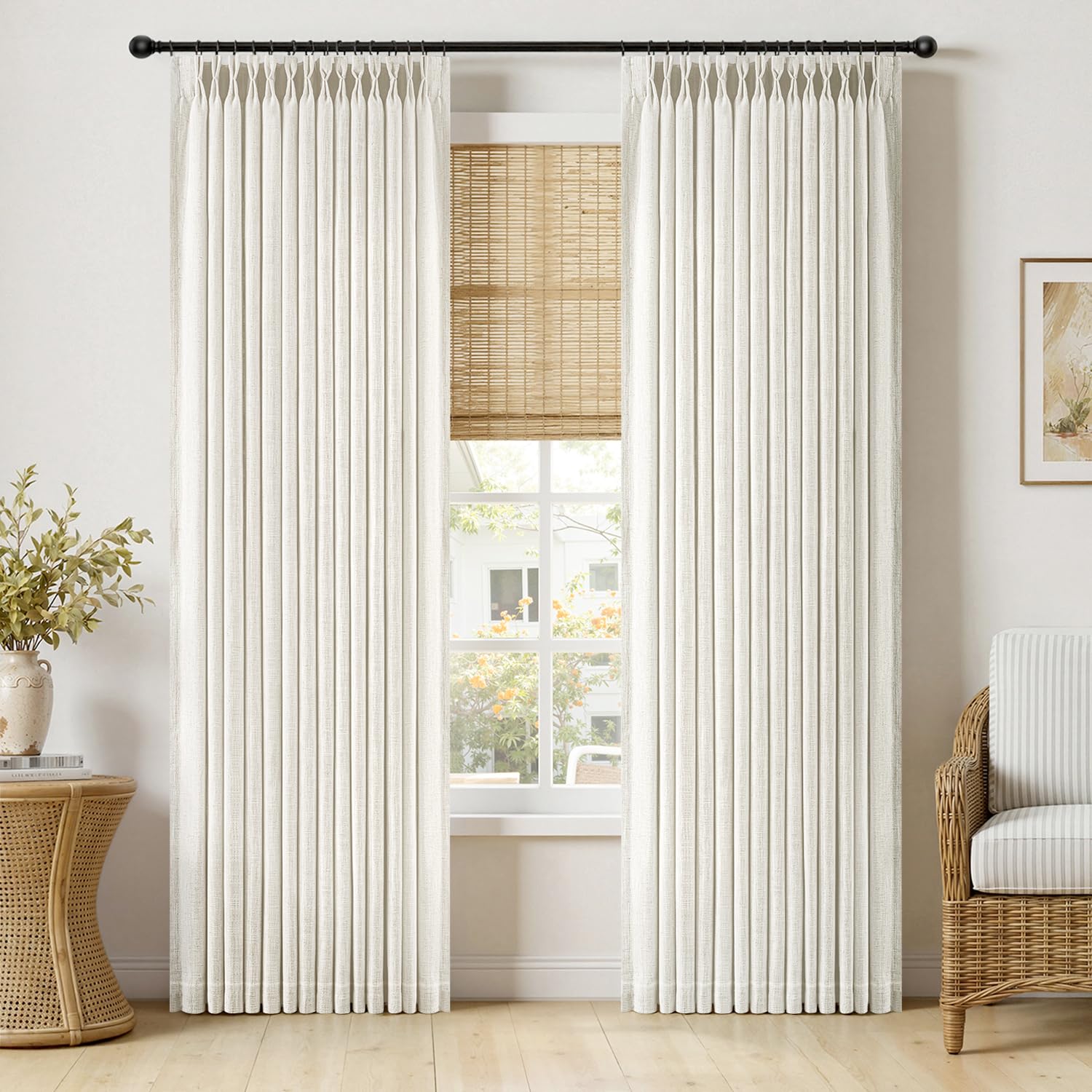 MIULEE Pinch Pleated Thick Linen Curtains 96 Inches Long 2 Panels for Living Room Bedroom, Memory Trained Pleat Drapes Light Filtering Natural Birch Semi Sheer Window Curtains Hooks Rings Back Tab