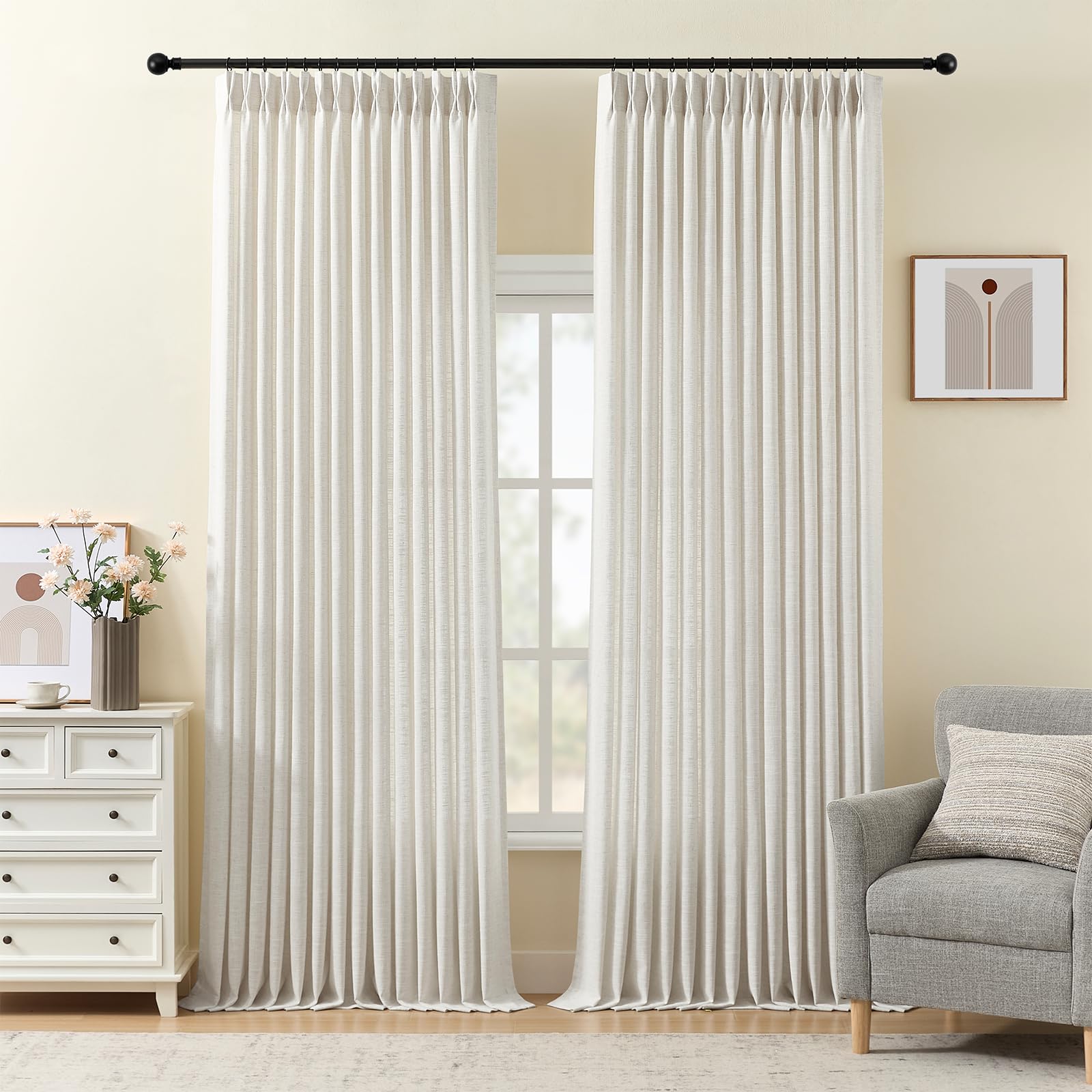 Pinch Pleated Linen Curtains 84 Inch Length 2 Panels Set, Light Filtering Linen Blend Sheer Drapes Memory Trained Pleated Curtain Back Tab with Hooks Rings for Living Room Bedroom, Natural, W40xL84