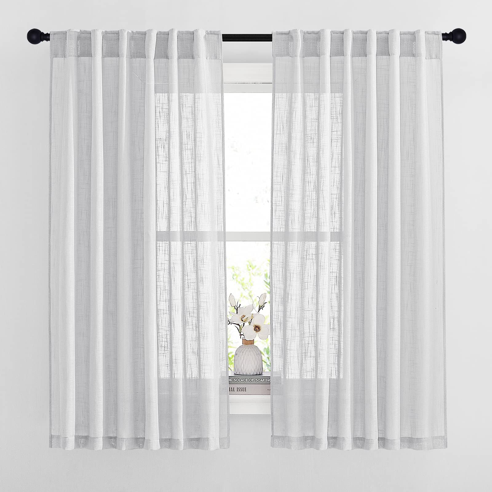 NICETOWN 120 inch Curtains Linen Blend for Bedroom, Rod Pocket & Back Tab Natural Linen Burlap Semi Sheer Window Treatments Privacy with Light Filtering for Living Room, W52 x L120, 2 Panels