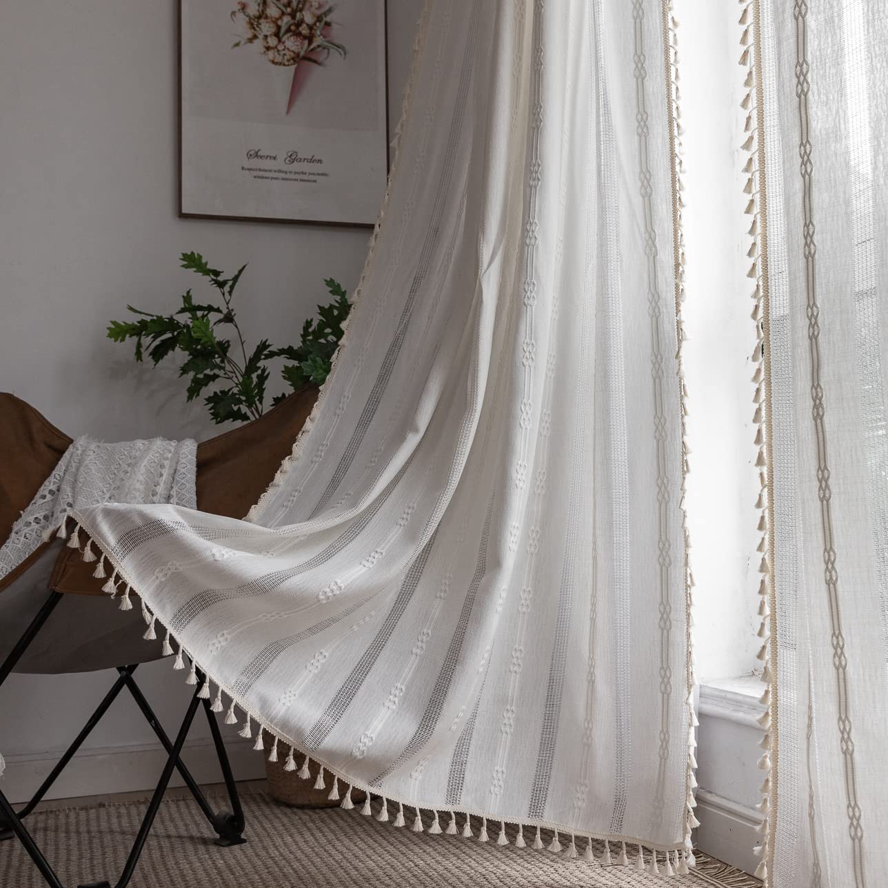 Boho Curtains Semi-Blackout 84 Inch 2 Panels for Living Room, Linen Tassels Farmhouse Curtains with Embroidery for Bedroom Rod Pocket Draperies 52" W x 84" L, Off White