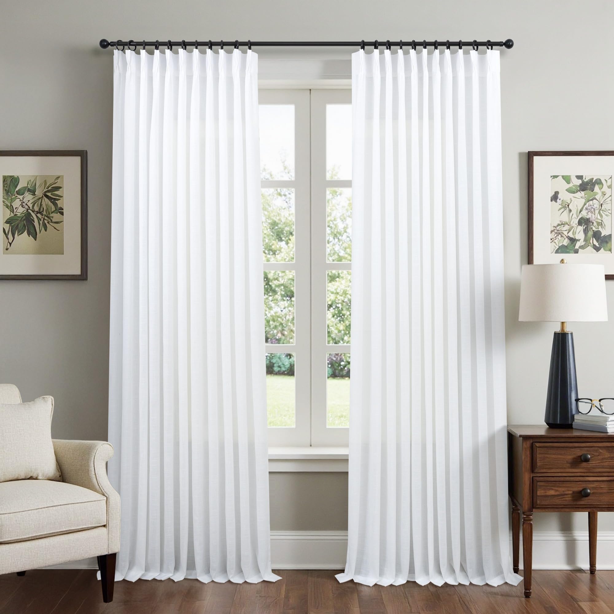 Natural Pinch Pleated Linen Cream Curtains 84 Inch Length 2 Panels for Living Room Bedroom Ivory Semi Sheer Light Filtering Modern Farmhouse Boho Neutral Rustic Long Drapes Back Tab Pleat Hooks Rings