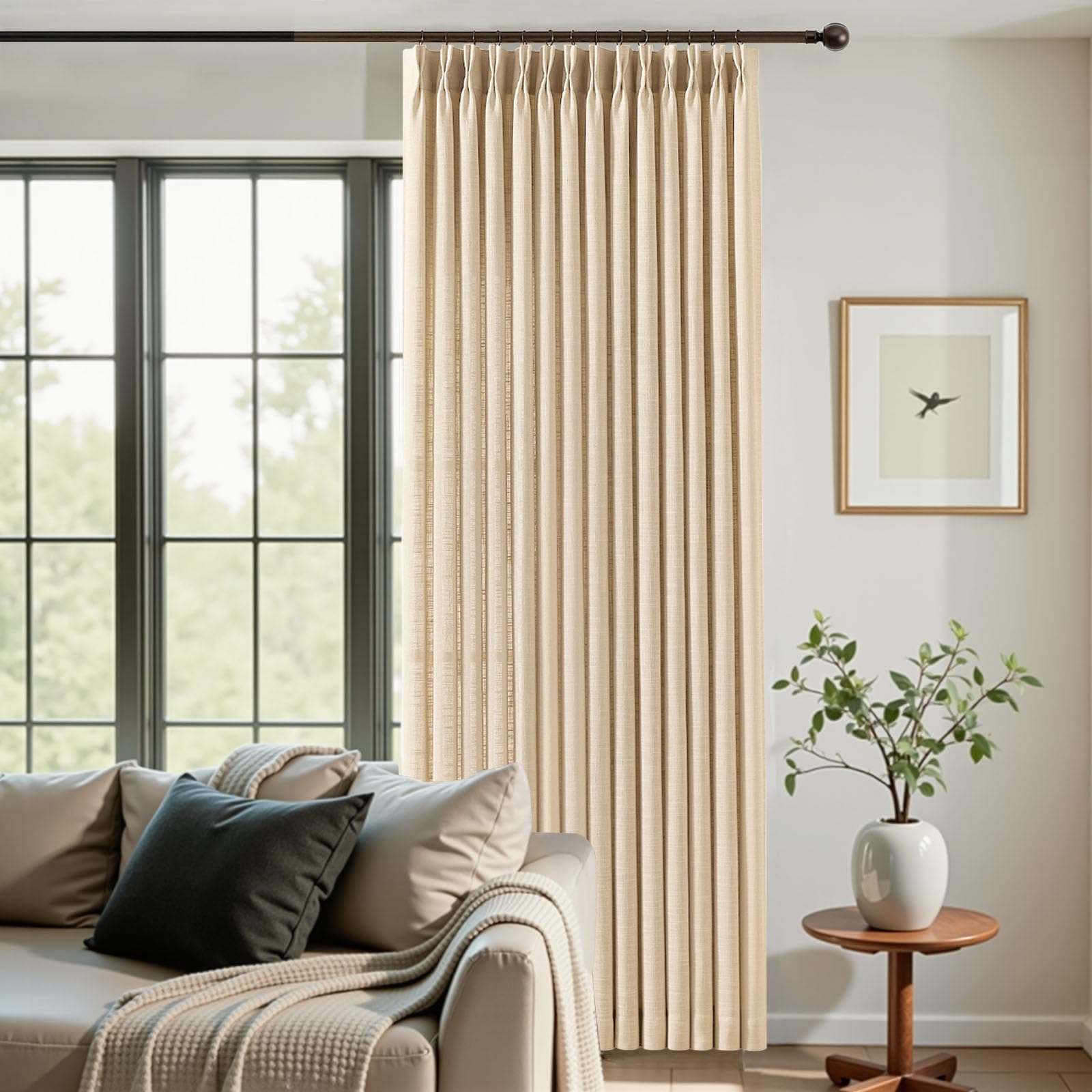 Pinch Pleated Linen Curtains 84 Inch Length 2 Panels Set, Light Filtering Linen Blend Sheer Drapes Memory Trained Pleated Curtain Back Tab with Hooks Rings for Living Room Bedroom, Natural, W40xL84