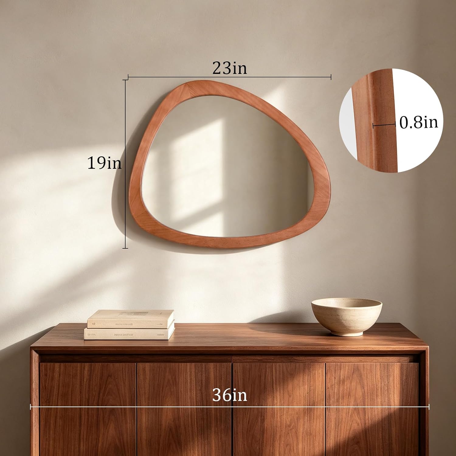 HOMECOOKIN 23.5" H x 19" W Asymmetrical Mirror, Irregular Wooden Wall Mirror for Bedroom, Living Room,Entryway– Mid-Century Modern Decorative Mirror, Solid Wood Frame, Pebble Shaped Design (Walnut)