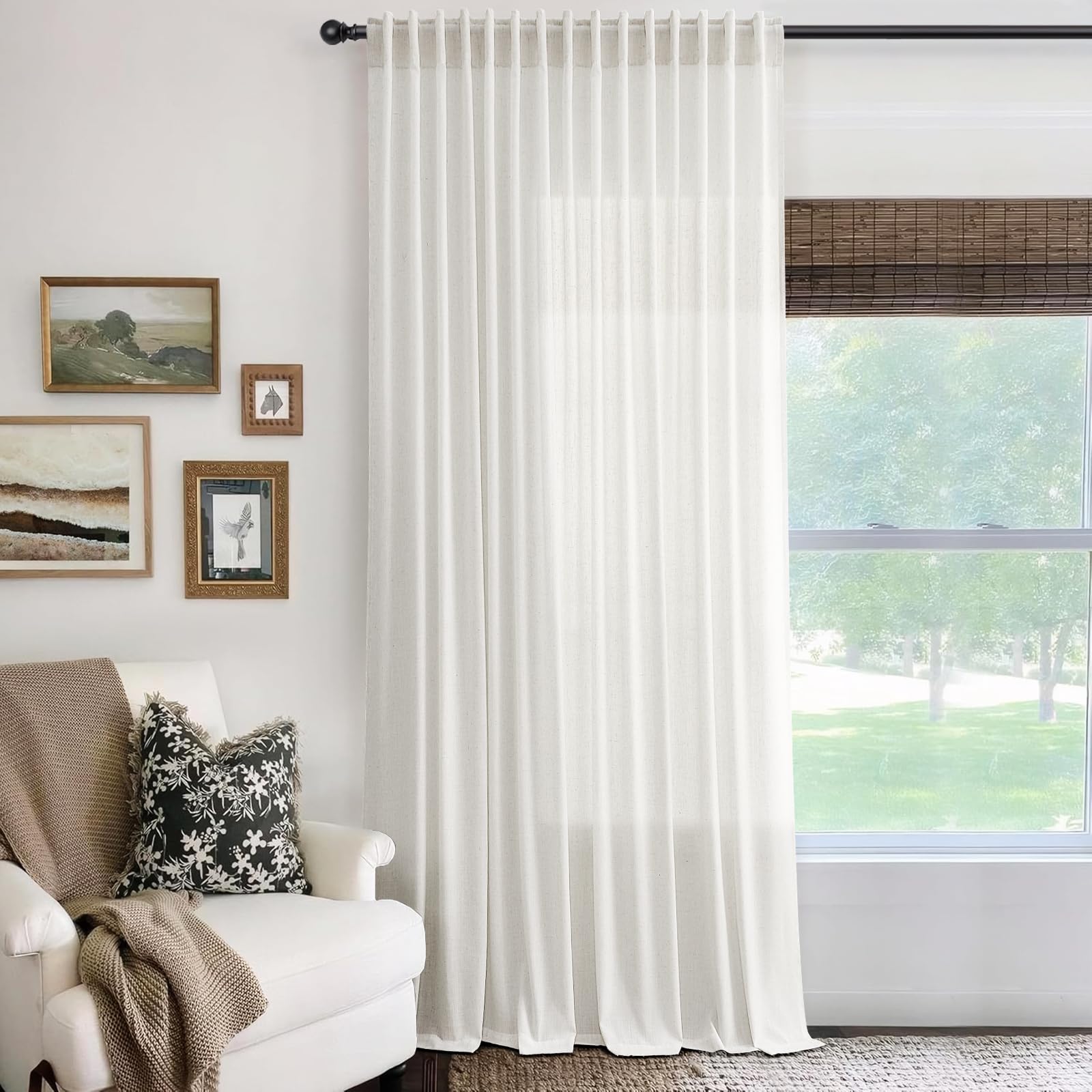 Flax Linen Beige Curtains 96 inches Long 2 Panel for Living Room Back Tab Pocket Drapes Semi Sheer Privacy Khaki Window Curtain Country Rustic Farmhouse Cloth Curtain for Dinning Room Tan