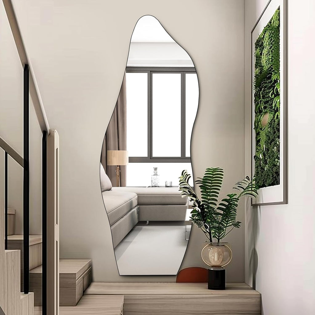 QDSSDECO Full Length Mirror 63"x24" Irregular Wall Mirror Wave Frameless for Living Room Bathroom Bedroom Entryway Decor