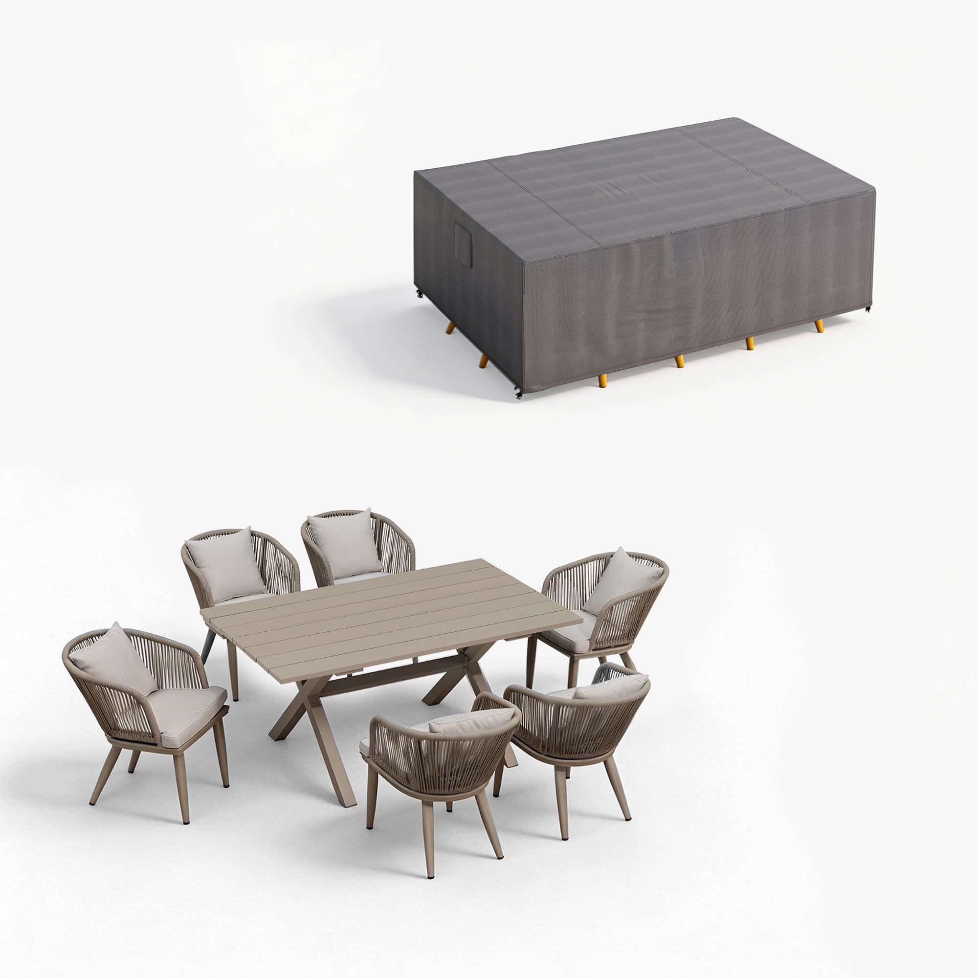 PURPLE LEAF 9 Pieces Patio Dining Set Wicker Outdoor Furniture Rectangular Table and Chairs Set for Garden Deck Teak-Finish Aluminum Frame Backyard Kitchen Set, Cushions and Pillows Included