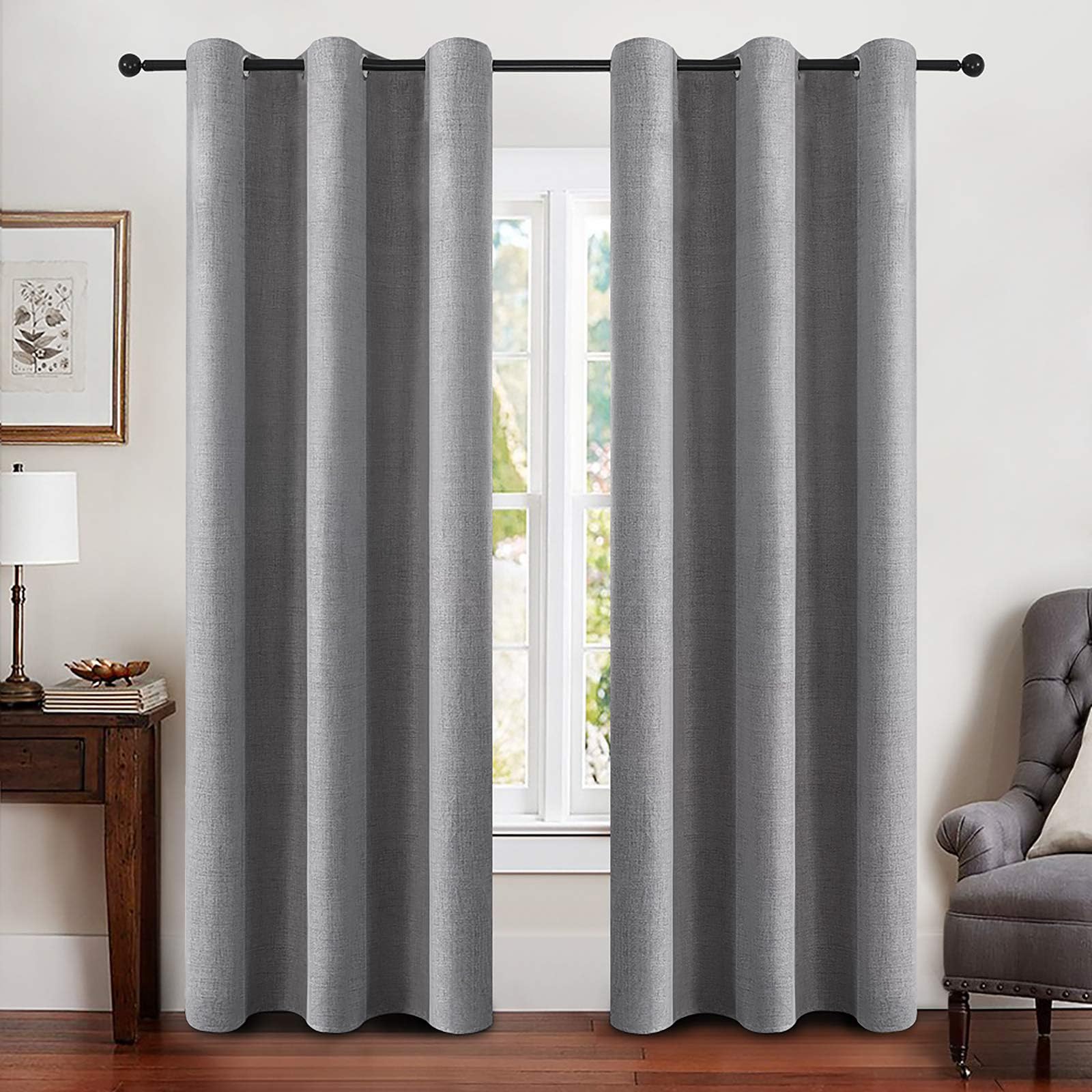 MIULEE Linen Texture Curtains for Bedroom Solid 100% Blackout Thermal Insulated Dusty Blue Curtains Grommet Room Darkening Drapes Luxury Decor for Living Room Nursery 52x84 Inch (2 Panels)