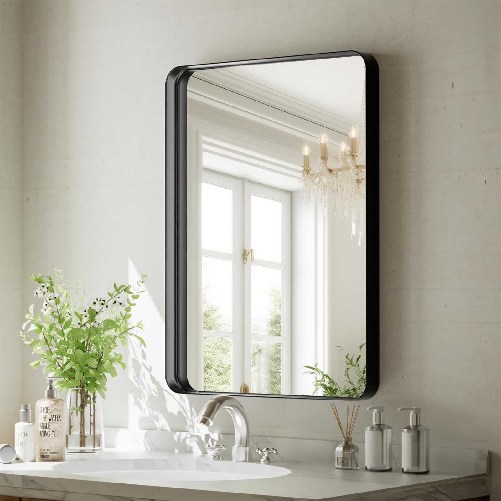 VooBang Bathroom Mirror 24x32 inch, Black Gorgeous Deep Frame Wall Mirror, Modern Round Corner Bathroom Vanity Mirror for Bedroom, Living Room, Hanging or Leaning Horizontal or Vertical, Black