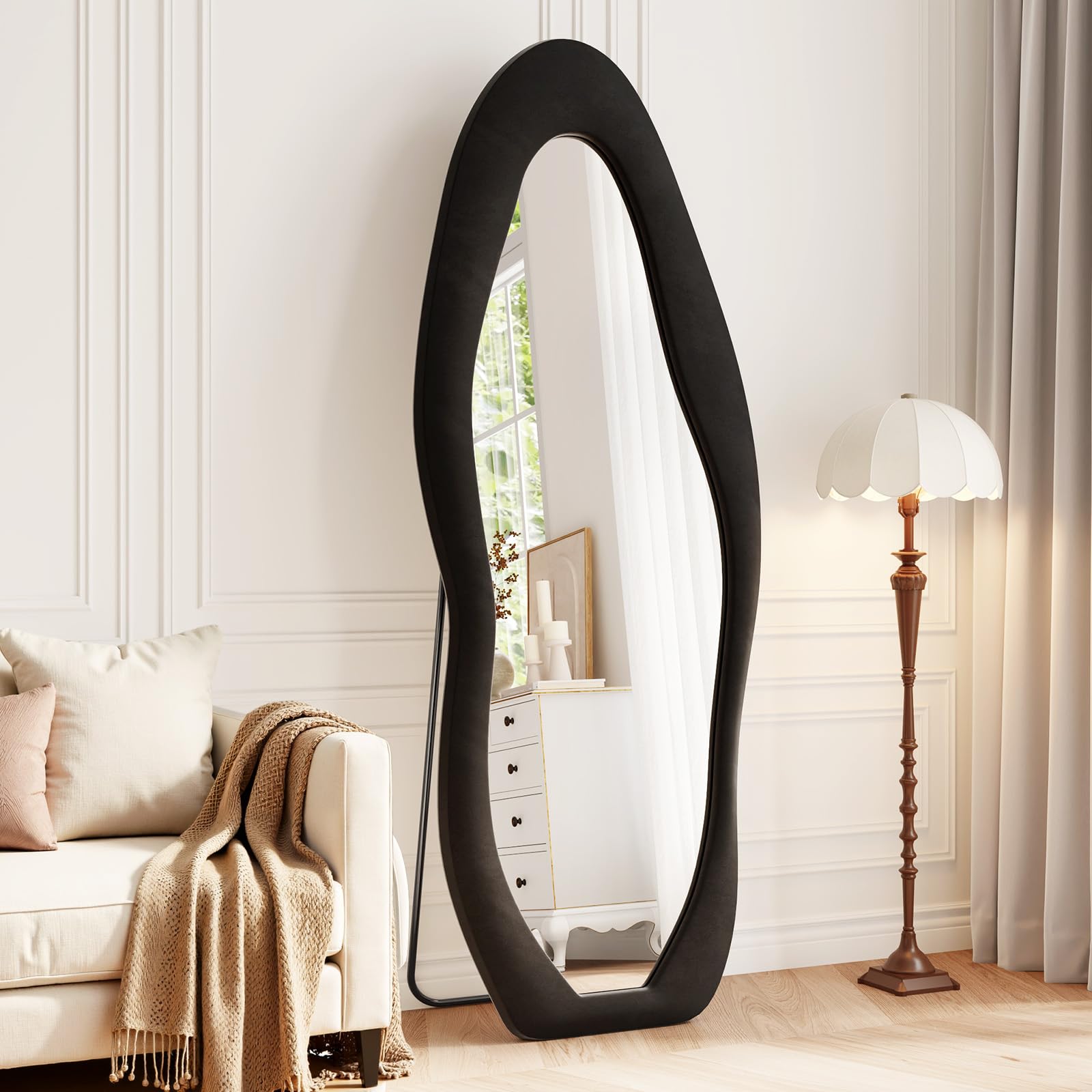 Irregular Full Length Mirror, 63"x24" Flannel Full Body Mirrors, Velvet Floor Mirrors with Stand, Irregular Wavy Mirror Hanging or Leaning Against Wall for Bedroom Living Room, Brown