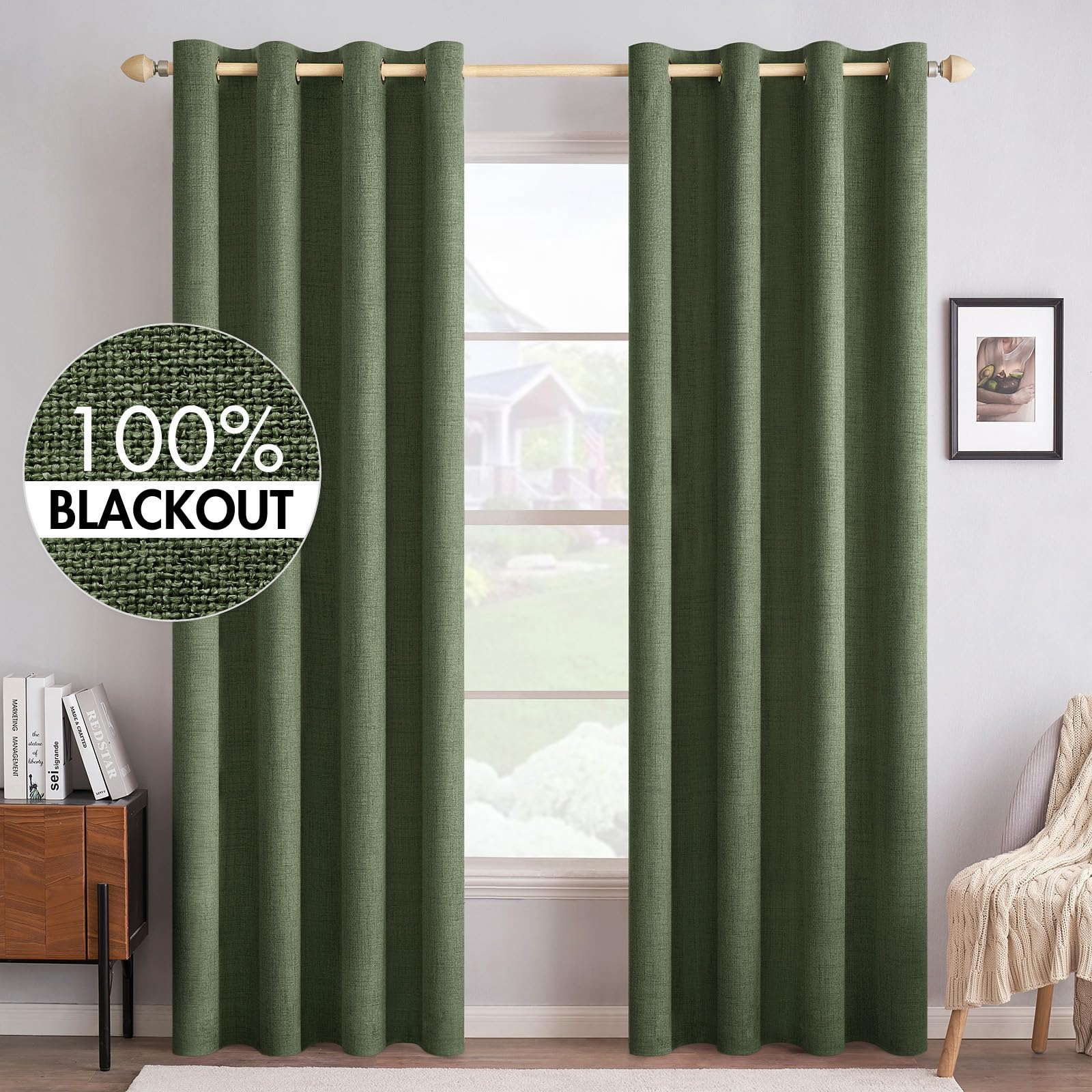 MIULEE Linen Texture Curtains for Bedroom Solid 100% Blackout Thermal Insulated Dusty Blue Curtains Grommet Room Darkening Drapes Luxury Decor for Living Room Nursery 52x84 Inch (2 Panels)