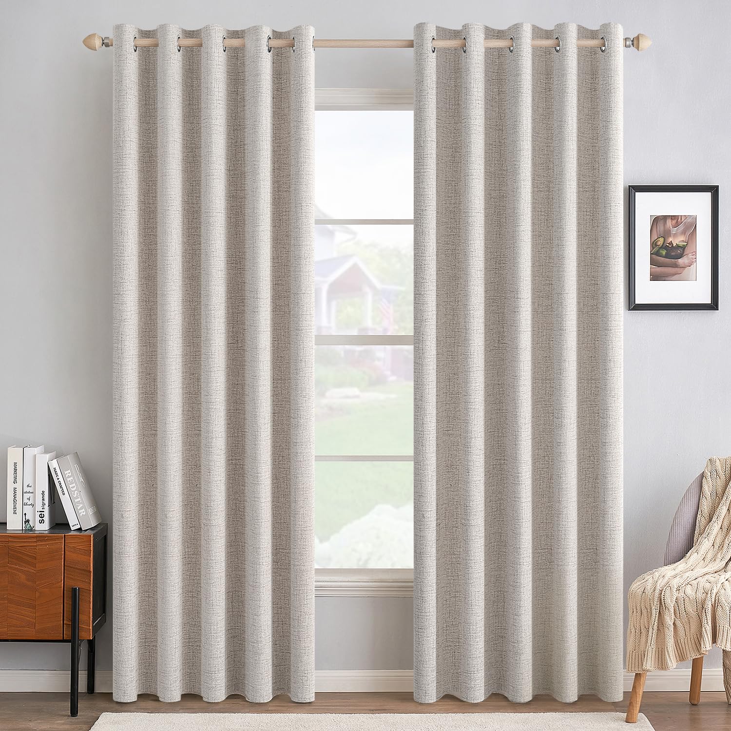MIULEE 100% Blackout Linen Textured Curtains for Bedroom Solid Thermal Insulated Natural Beige Grommet Room Darkening Curtains & Drapes Luxury Decor for Living Room Nursery 52 x 96 Inch (2 Panels)
