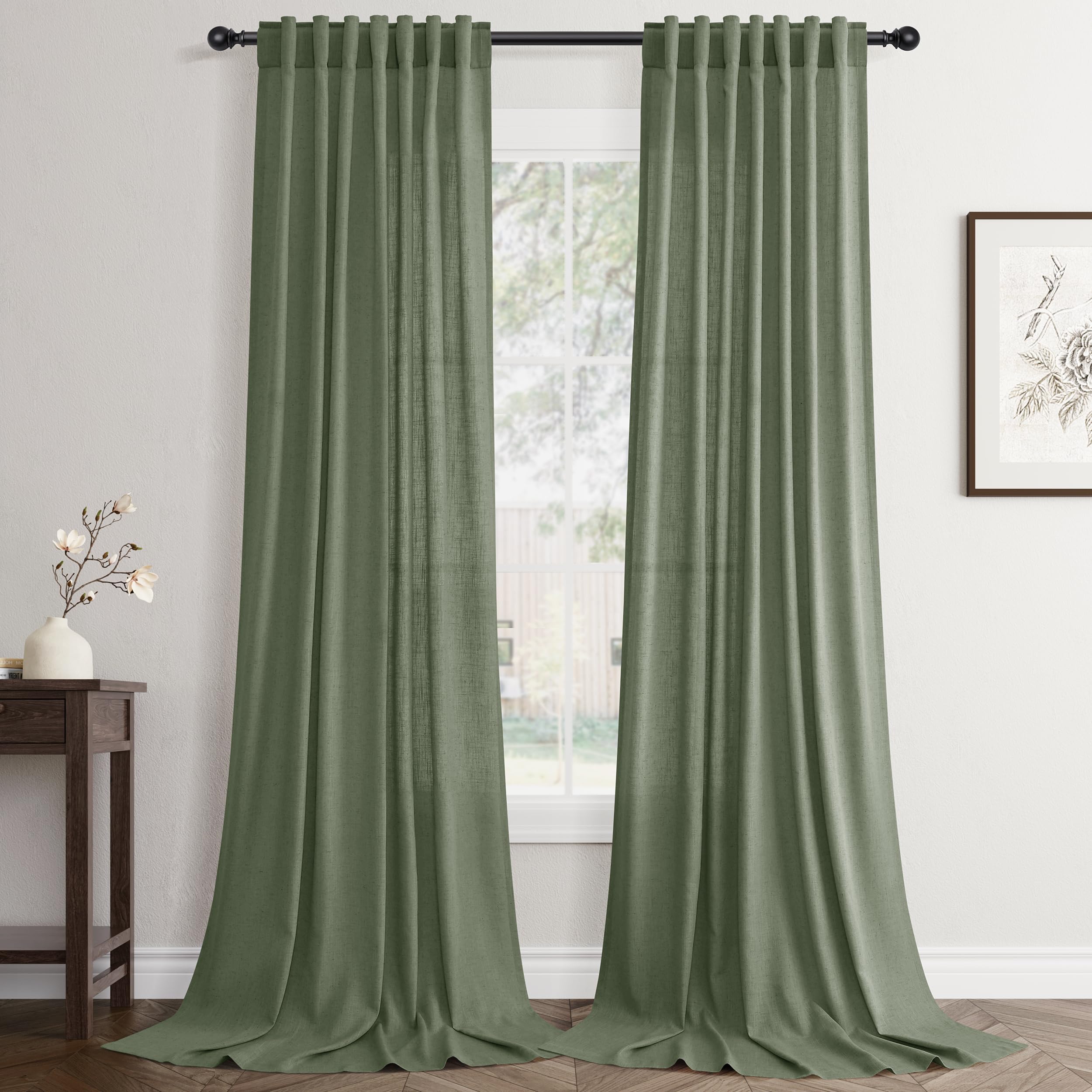 Flax Linen Beige Curtains 96 inches Long 2 Panel for Living Room Back Tab Pocket Drapes Semi Sheer Privacy Khaki Window Curtain Country Rustic Farmhouse Cloth Curtain for Dinning Room Tan