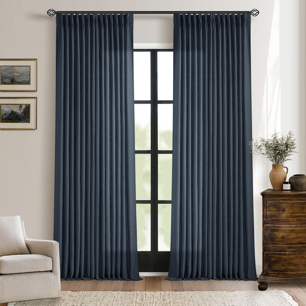 Pinch Pleated Linen Curtains 108 Inches Long for Living Room 2 Panels Set Cream Ivory Flax Double Pleated Drapes Back Tab Neutral Boho Ceiling Floor 108 Inch Window Curtains Bedroom Natural Birch