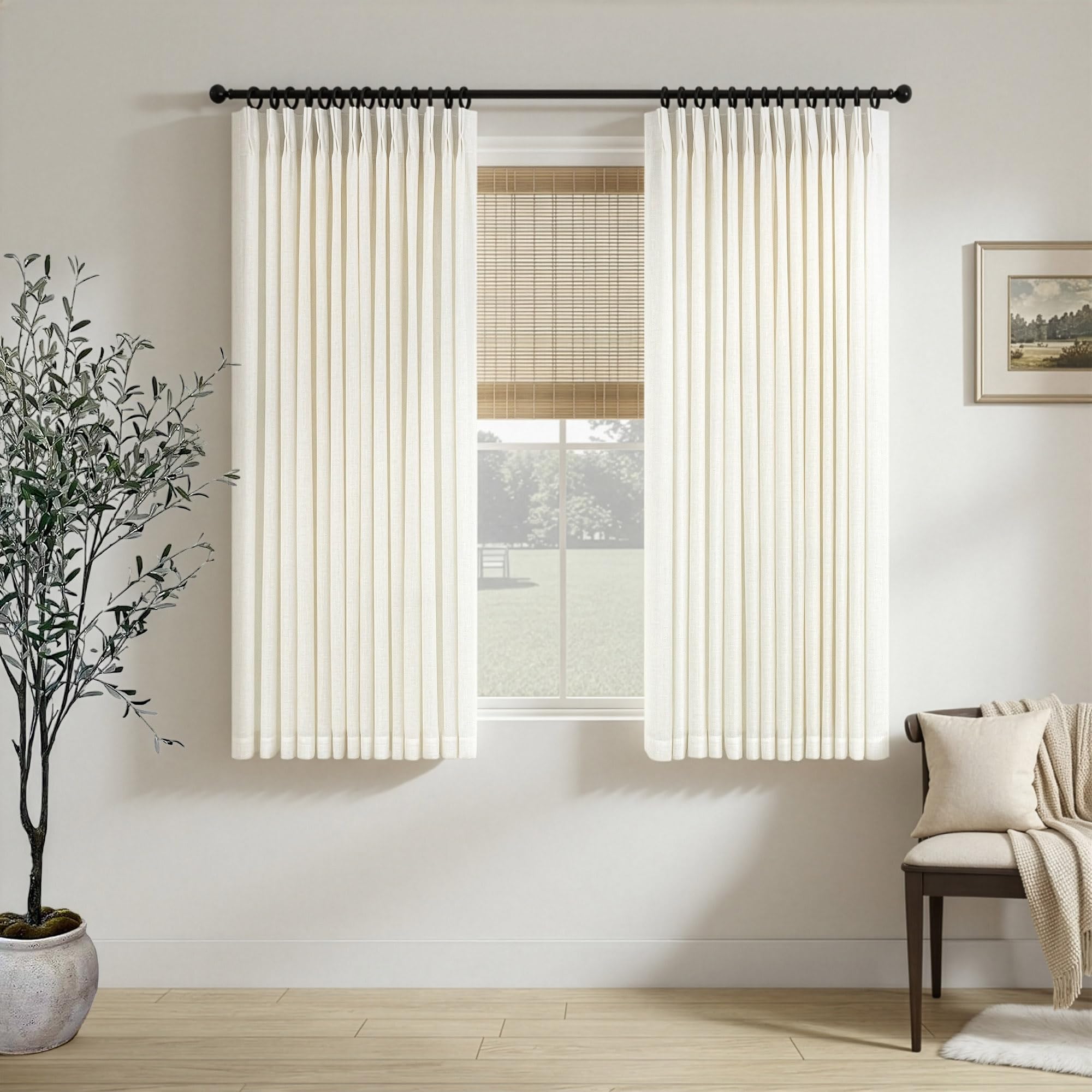 Natural Pinch Pleated Linen Cream Curtains 84 Inch Length 2 Panels for Living Room Bedroom Ivory Semi Sheer Light Filtering Modern Farmhouse Boho Neutral Rustic Long Drapes Back Tab Pleat Hooks Rings