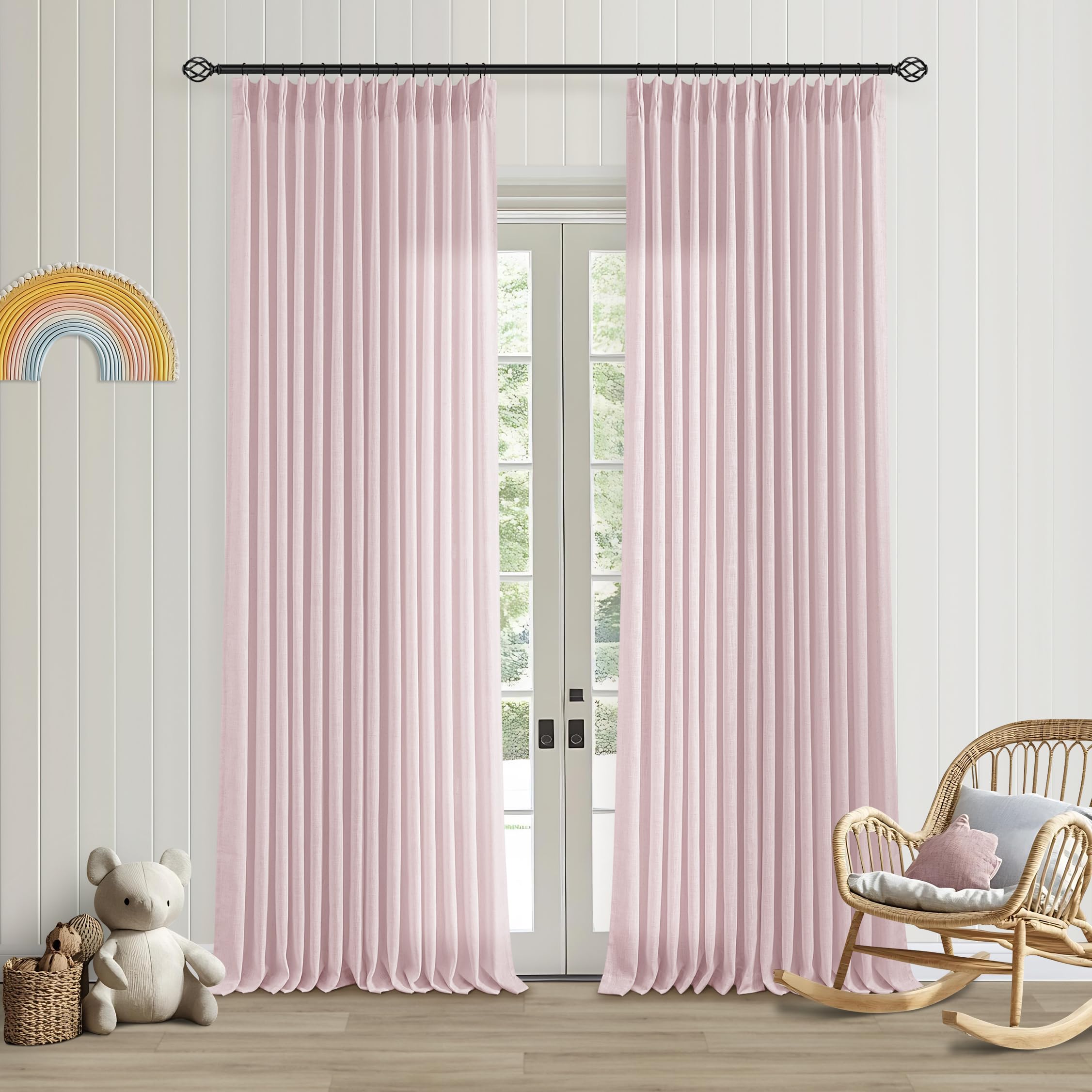 Pinch Pleated Linen Curtains 108 Inches Long for Living Room 2 Panels Set Cream Ivory Flax Double Pleated Drapes Back Tab Neutral Boho Ceiling Floor 108 Inch Window Curtains Bedroom Natural Birch