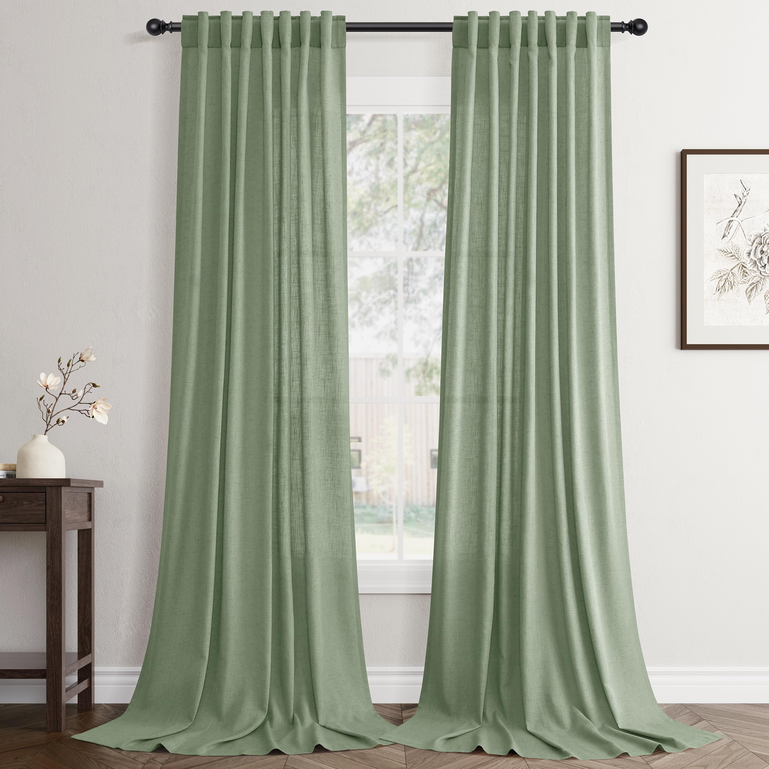Flax Linen Beige Curtains 96 inches Long 2 Panel for Living Room Back Tab Pocket Drapes Semi Sheer Privacy Khaki Window Curtain Country Rustic Farmhouse Cloth Curtain for Dinning Room Tan