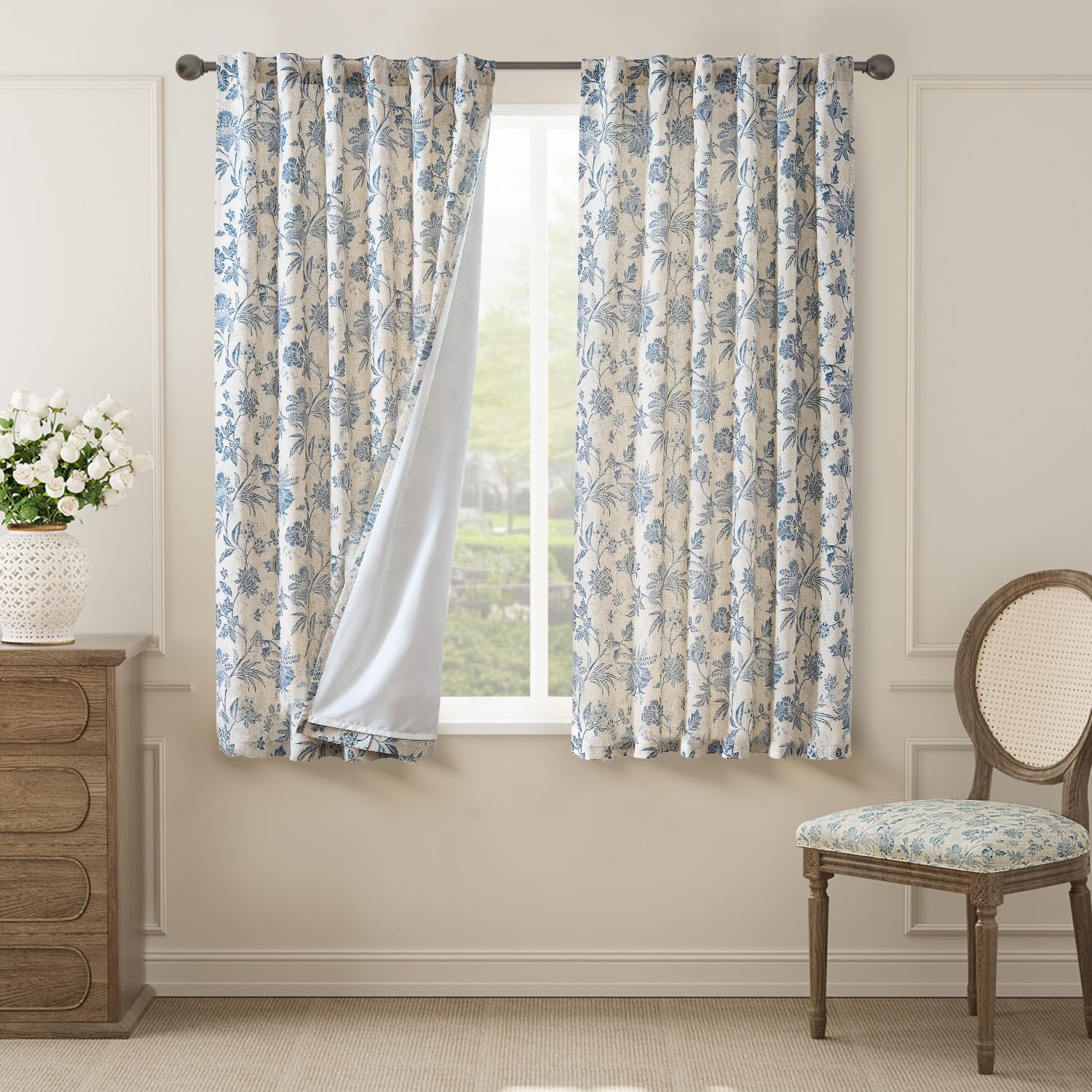 jinchan Linen Floral Curtains for Living Room with Printed Flower 84 Inches Long Light Filtering French Country Back Tab Rod Pocket Taupe Window Curtain Set Farmhouse Drapes 2 Panels Taupe