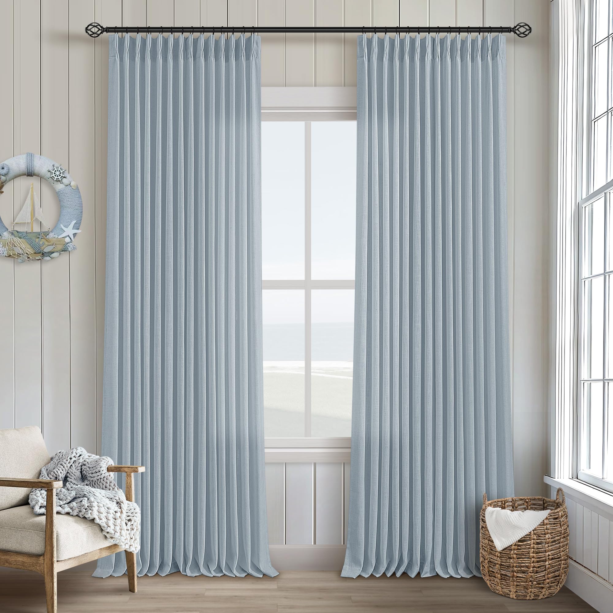 Pinch Pleated Linen Curtains 108 Inches Long for Living Room 2 Panels Set Cream Ivory Flax Double Pleated Drapes Back Tab Neutral Boho Ceiling Floor 108 Inch Window Curtains Bedroom Natural Birch