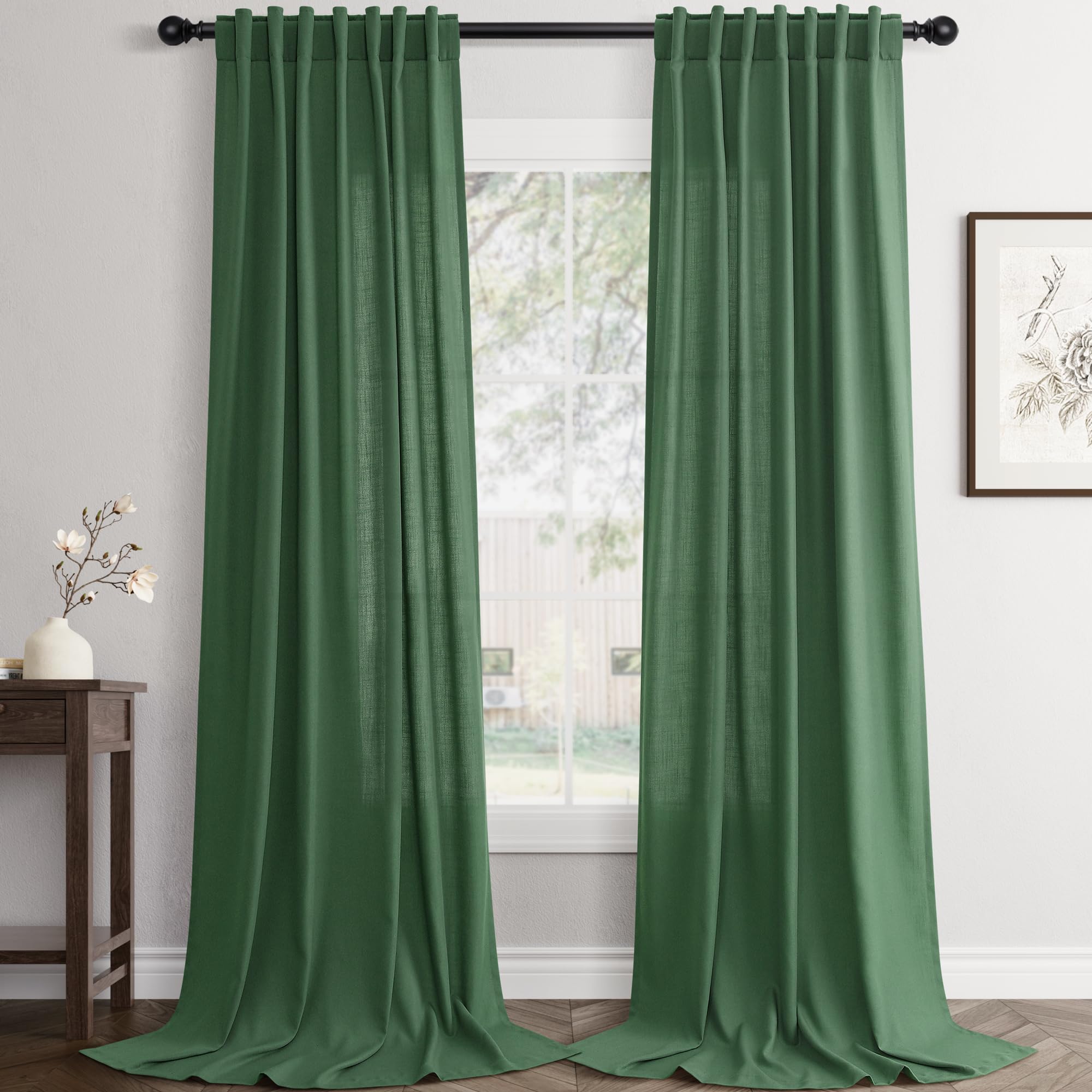 Flax Linen Beige Curtains 96 inches Long 2 Panel for Living Room Back Tab Pocket Drapes Semi Sheer Privacy Khaki Window Curtain Country Rustic Farmhouse Cloth Curtain for Dinning Room Tan