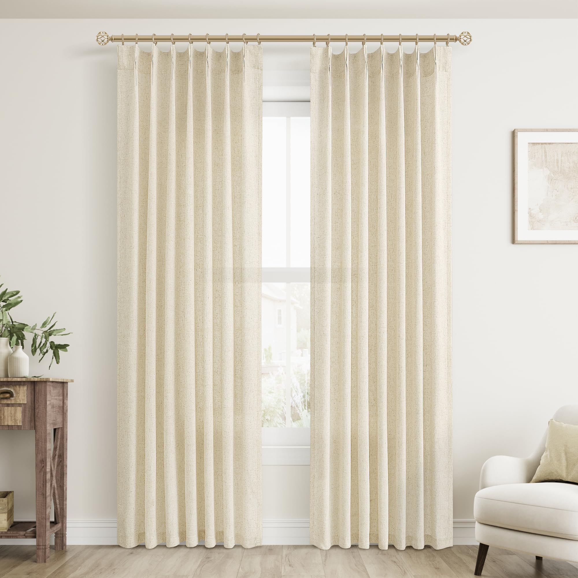 Extra Long Linen Curtains 108 Inch for Living Room Cream Pinch Pleated 9 FT Drapes Semi Sheer Ceiling to Floor Curtain for Bedroom Back Tab Flax Neutral Boho Decor Window, Natural Beige Ivory 2 Panels