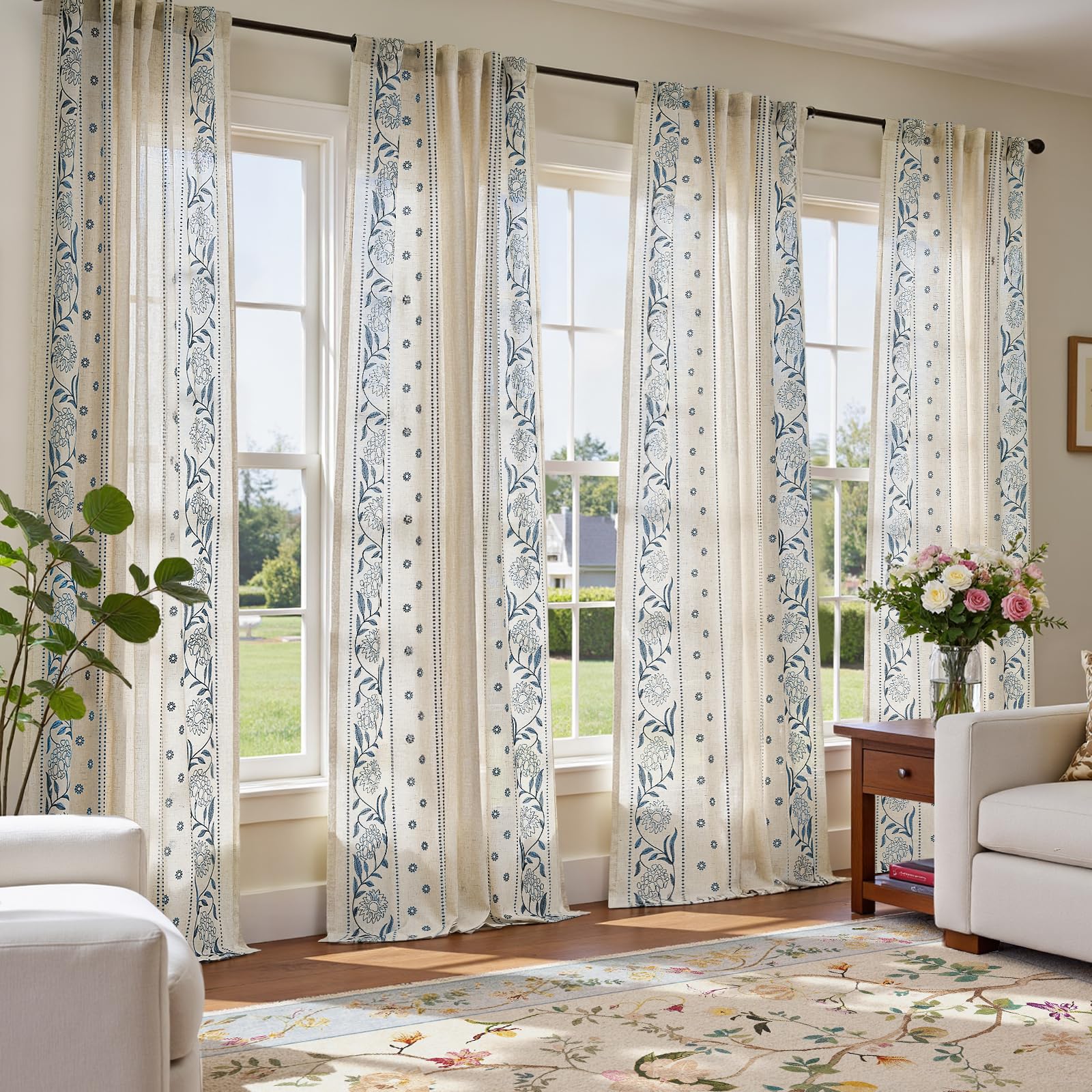 jinchan Winslow Linen Curtains for Bedroom 84 Inches Length Embroidered Bordered Floral Curtains for Living Room Farmhouse Decor Light Filtering Window Treatments Ivory on Beige Drapes 2 Panels