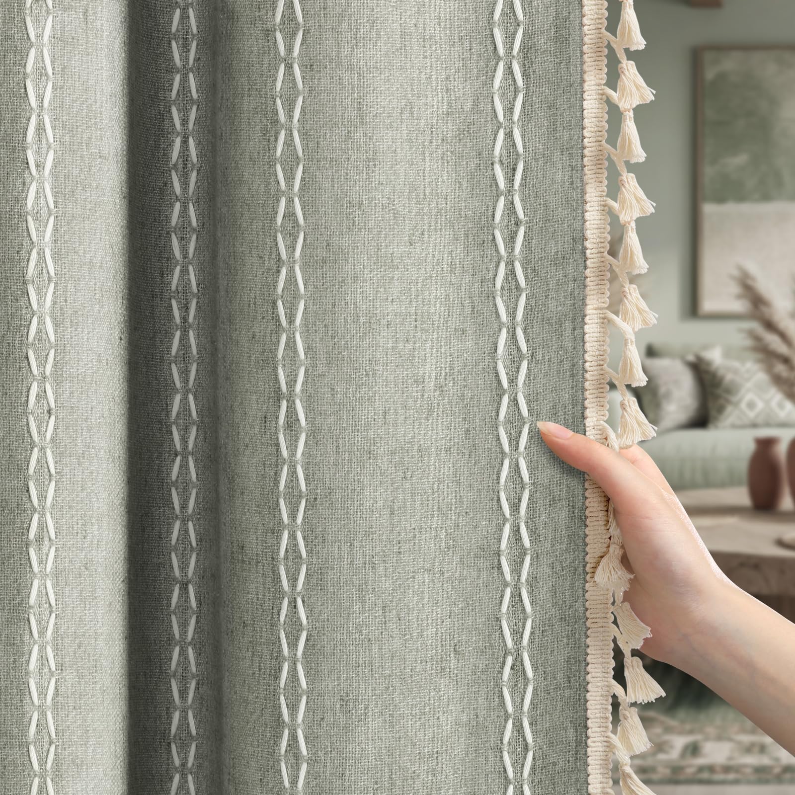 Boho Blackout Curtains 2 Panels 84 Inch for Living Room Bedroom, Beige Linen Texture Farmhouse Curtains with Tassels and Cotton Embroidery Vintage Rustic Western Rod Pocket