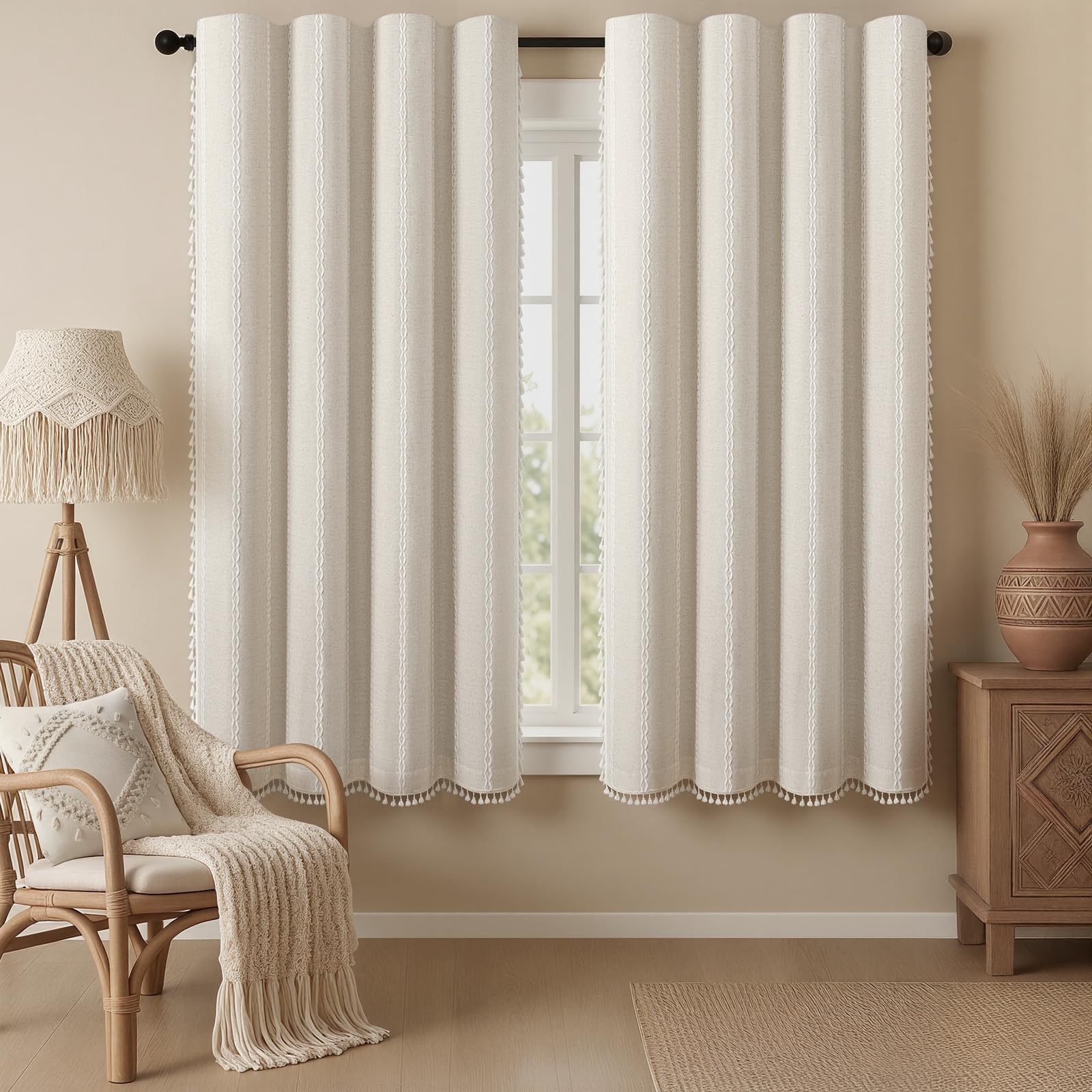 Boho Blackout Curtains 2 Panels 84 Inch for Living Room Bedroom, Beige Linen Texture Farmhouse Curtains with Tassels and Cotton Embroidery Vintage Rustic Western Rod Pocket