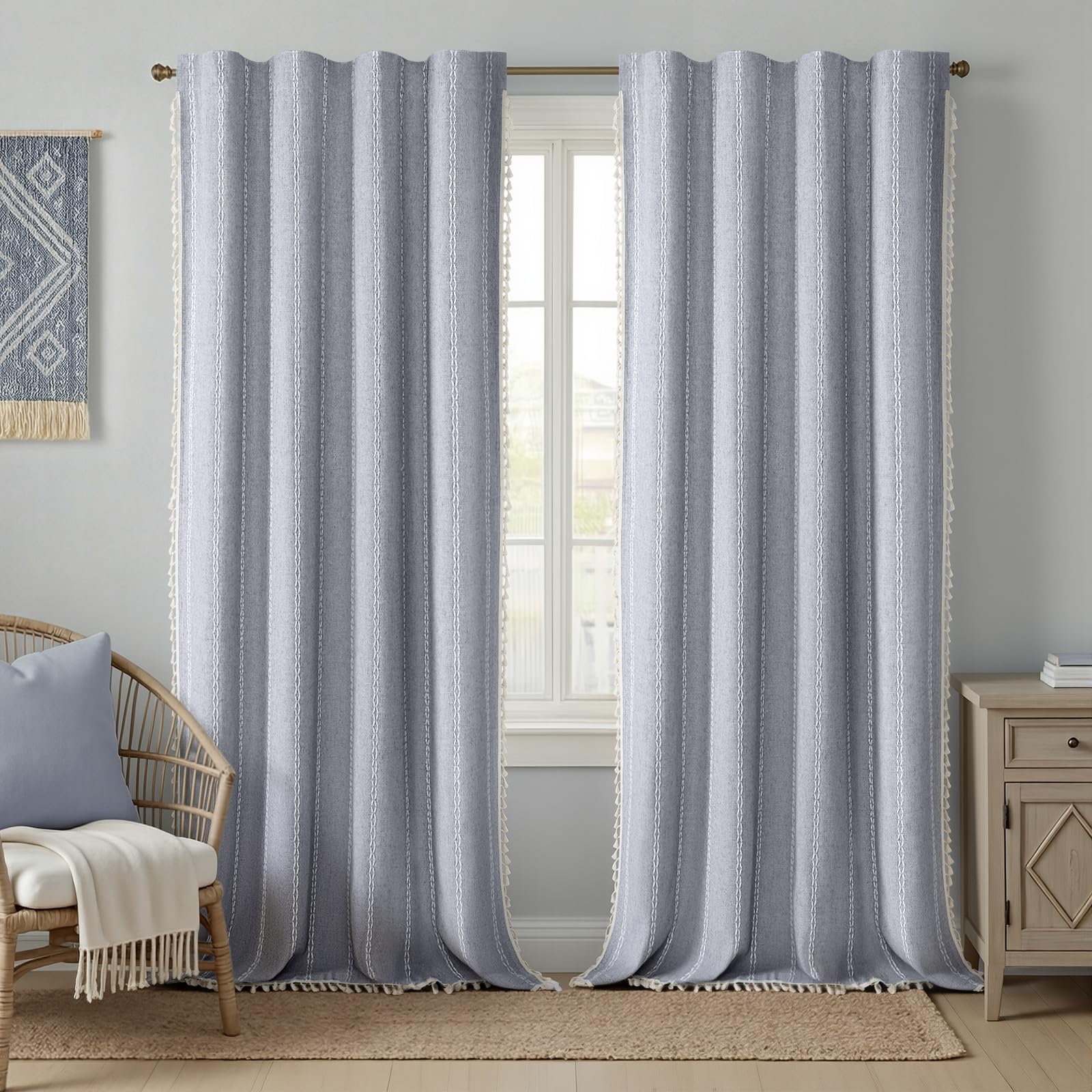Boho Blackout Curtains 2 Panels 84 Inch for Living Room Bedroom, Beige Linen Texture Farmhouse Curtains with Tassels and Cotton Embroidery Vintage Rustic Western Rod Pocket
