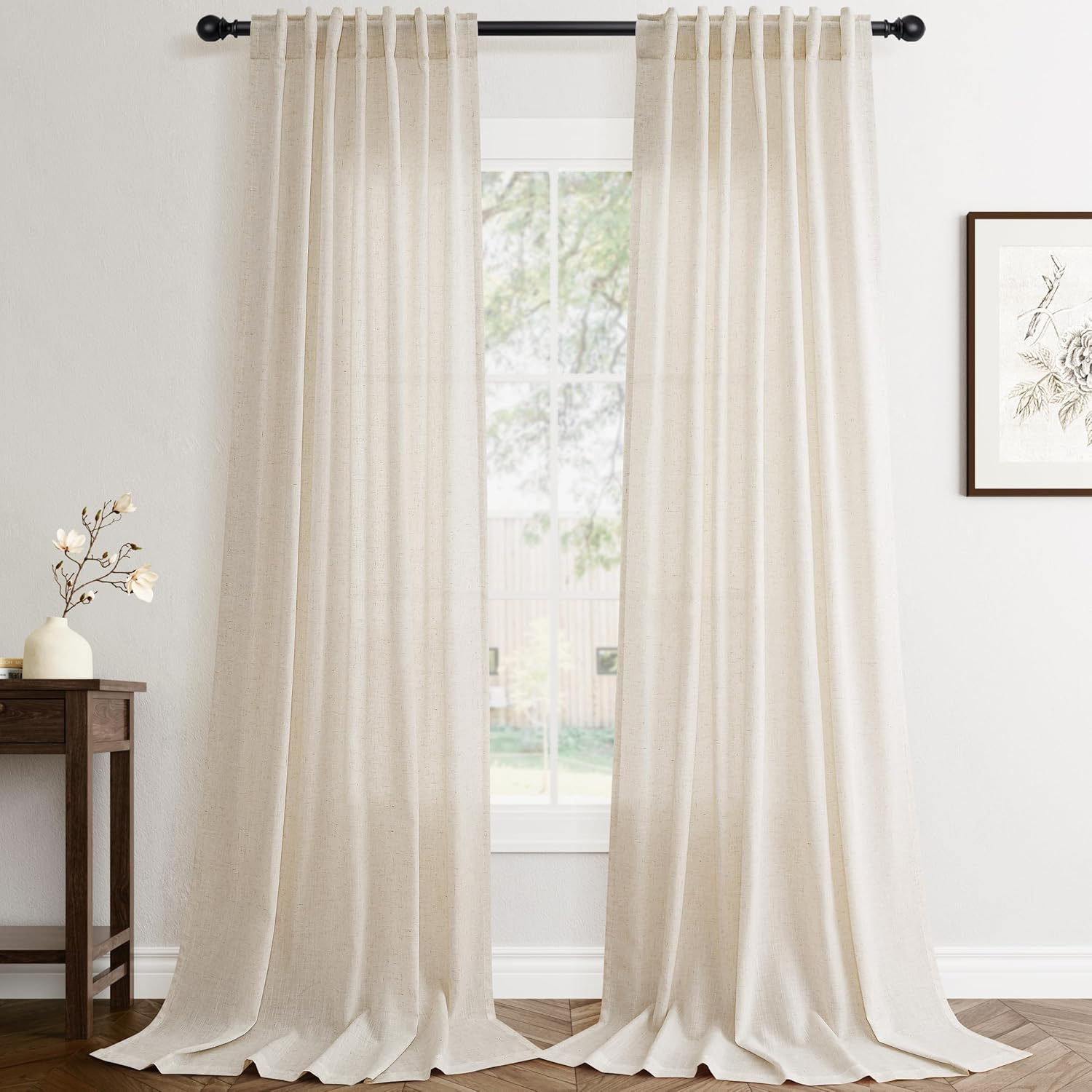 Flax Linen Beige Curtains 96 inches Long 2 Panel for Living Room Back Tab Pocket Drapes Semi Sheer Privacy Khaki Window Curtain Country Rustic Farmhouse Cloth Curtain for Dinning Room Tan