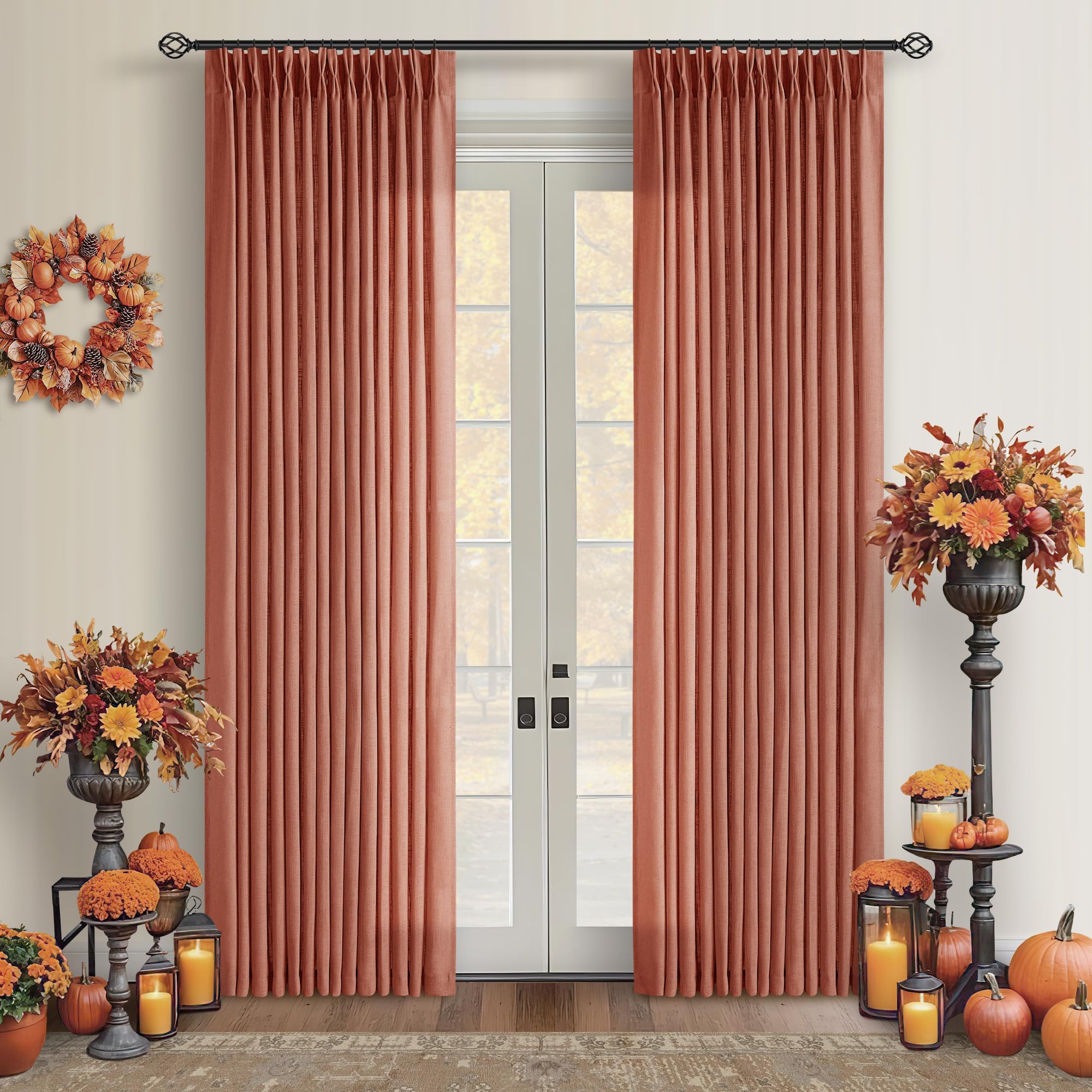 Pinch Pleated Linen Curtains 108 Inches Long for Living Room 2 Panels Set Cream Ivory Flax Double Pleated Drapes Back Tab Neutral Boho Ceiling Floor 108 Inch Window Curtains Bedroom Natural Birch