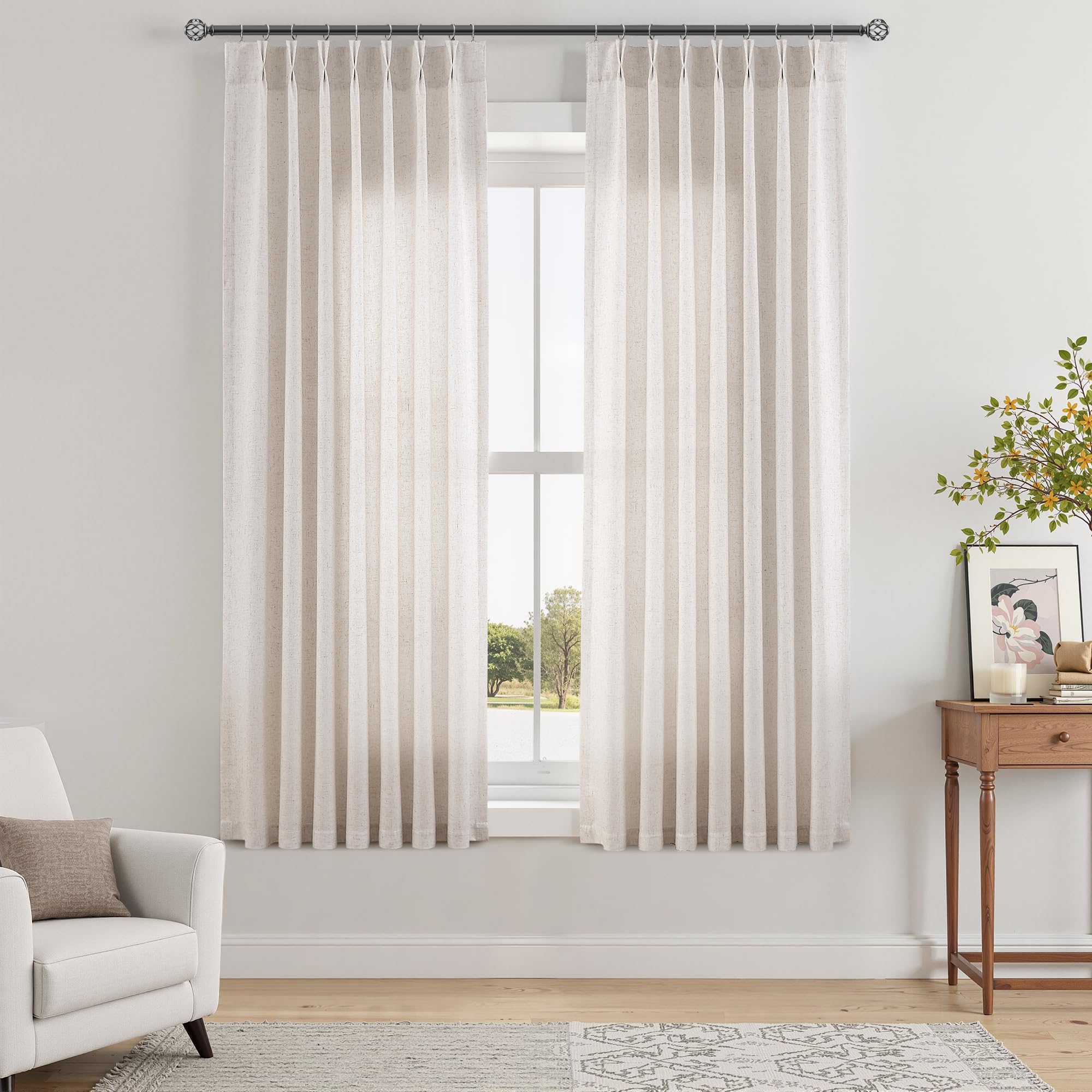 Extra Long Linen Curtains 108 Inch for Living Room Cream Pinch Pleated 9 FT Drapes Semi Sheer Ceiling to Floor Curtain for Bedroom Back Tab Flax Neutral Boho Decor Window, Natural Beige Ivory 2 Panels