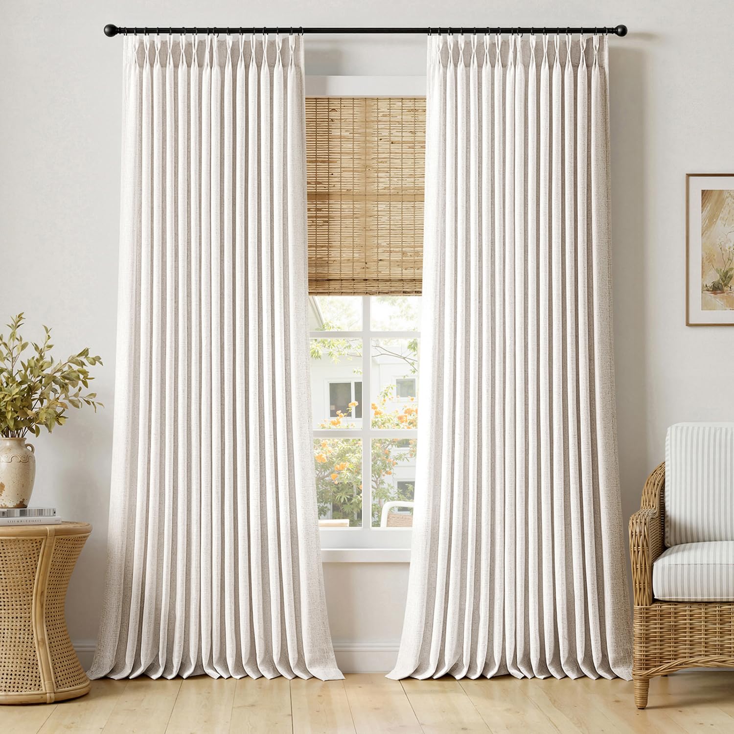MIULEE Pinch Pleated Thick Linen Curtains 96 Inches Long 2 Panels for Living Room Bedroom, Memory Trained Pleat Drapes Light Filtering Natural Birch Semi Sheer Window Curtains Hooks Rings Back Tab