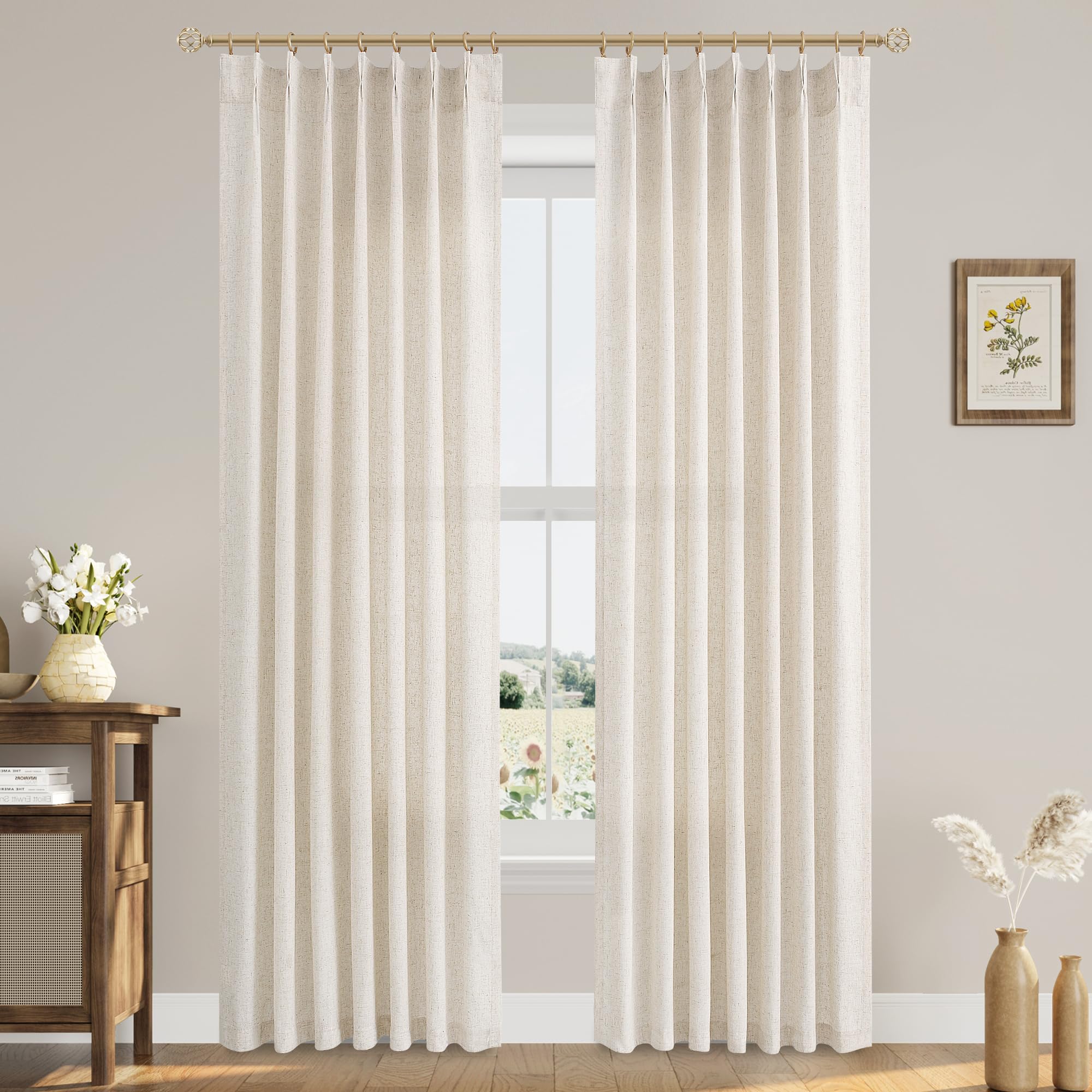 Extra Long Linen Curtains 108 Inch for Living Room Cream Pinch Pleated 9 FT Drapes Semi Sheer Ceiling to Floor Curtain for Bedroom Back Tab Flax Neutral Boho Decor Window, Natural Beige Ivory 2 Panels