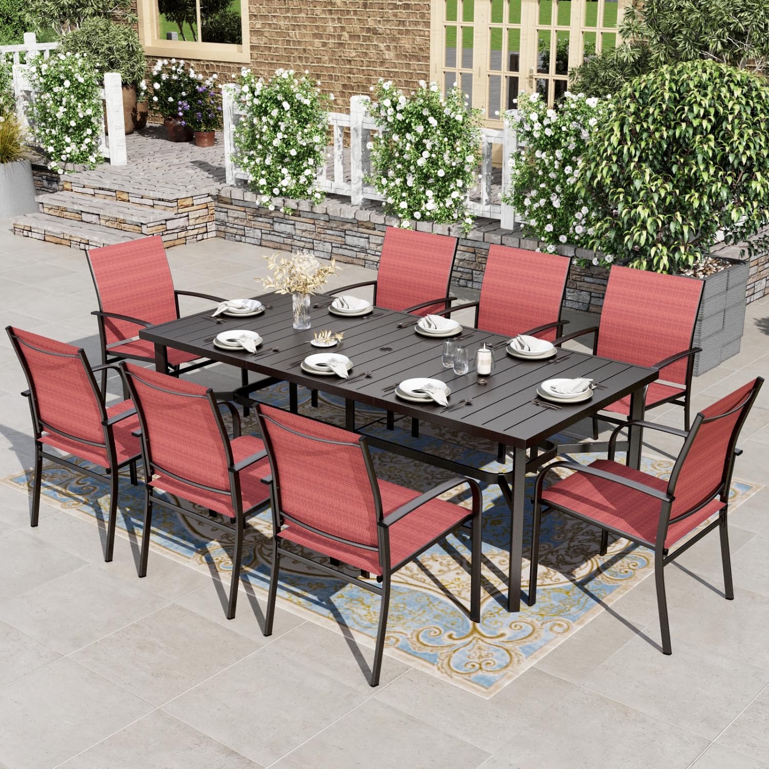 HERA'S HOUSE Patio Table and Chairs for 6, 7 Pieces Outdoor Deck Dining Sets, Wood-Like Rectangular Metal Table Set with Chairs for Lawn Garden Backyard, Brown