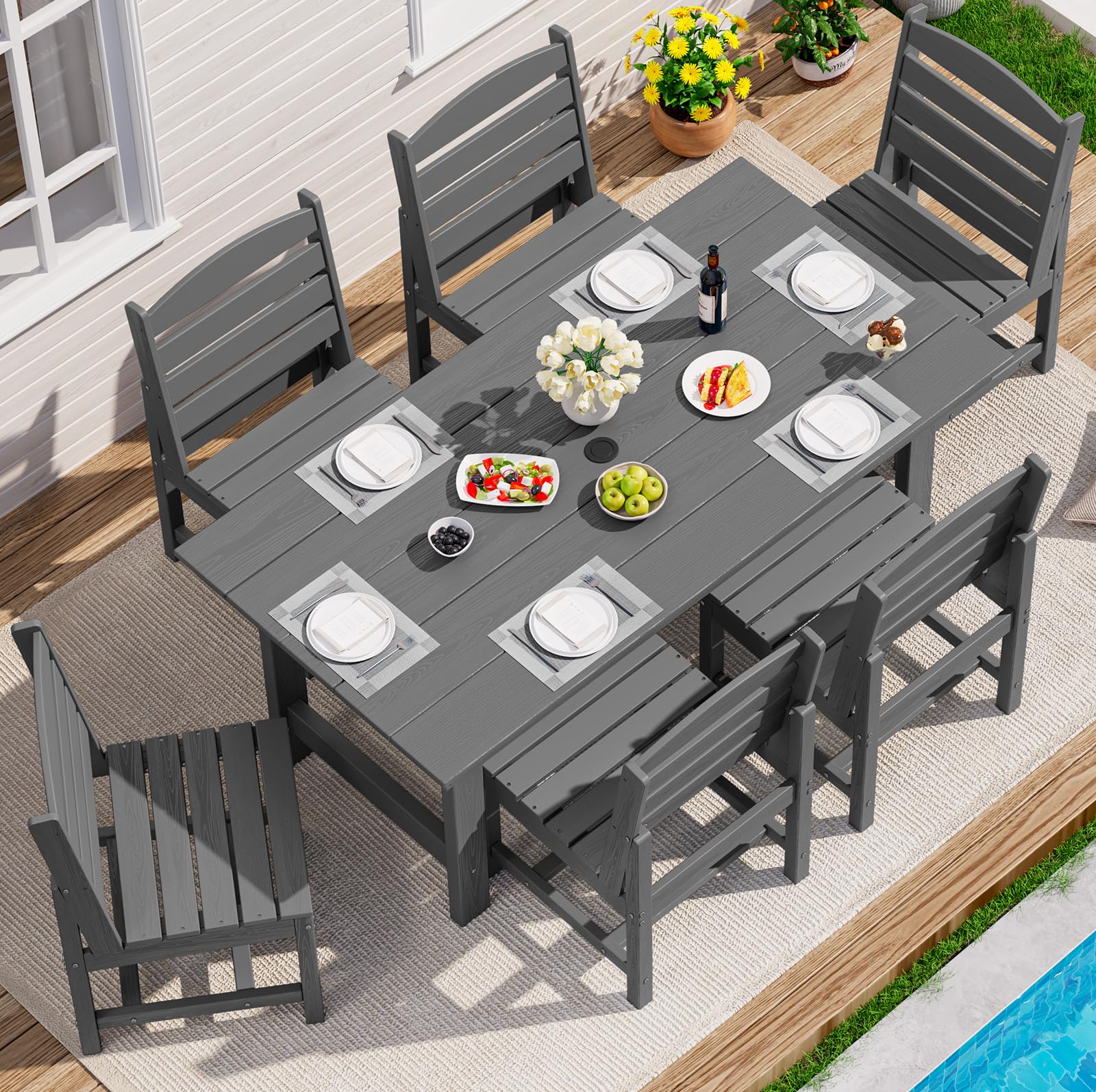 SERWALL Patio Dining Sets for 6 Person, HDPE Dining Set with 6 Armless Chairs, Black