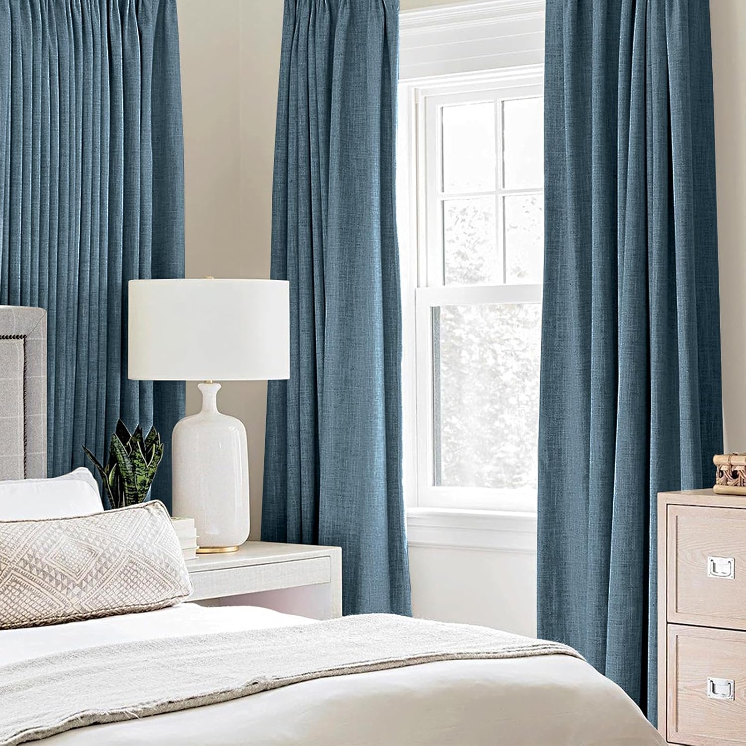 MIULEE Linen Texture Curtains for Bedroom Solid 100% Blackout Thermal Insulated Dusty Blue Curtains Grommet Room Darkening Drapes Luxury Decor for Living Room Nursery 52x84 Inch (2 Panels)