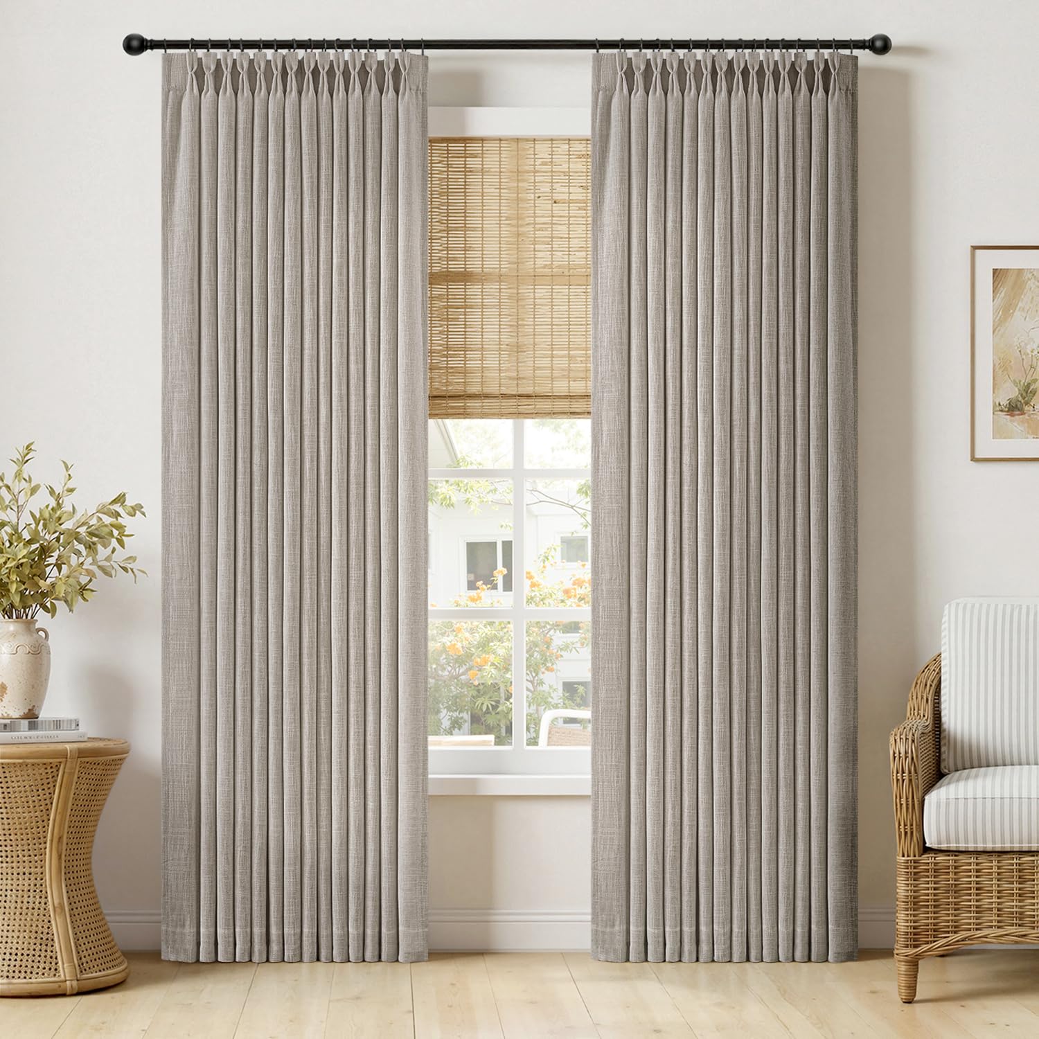 MIULEE Pinch Pleated Thick Linen Curtains 96 Inches Long 2 Panels for Living Room Bedroom, Memory Trained Pleat Drapes Light Filtering Natural Birch Semi Sheer Window Curtains Hooks Rings Back Tab