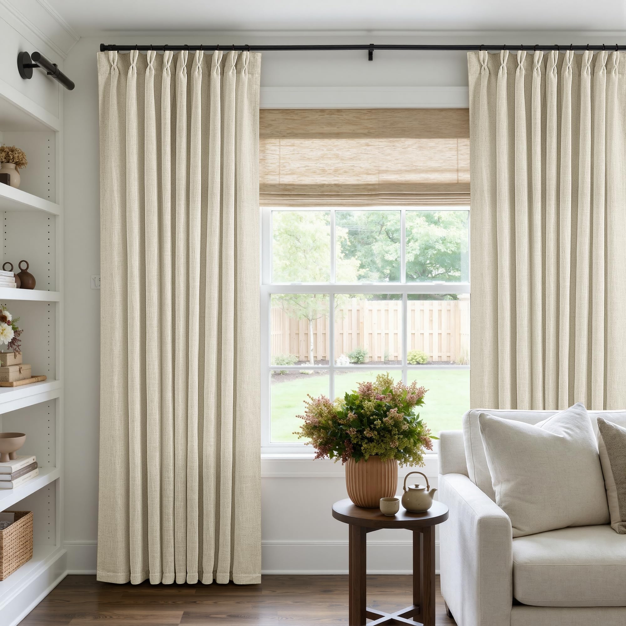 Pinch Pleated Linen Curtains 108 Inches Long for Living Room 2 Panels Set Cream Ivory Flax Double Pleated Drapes Back Tab Neutral Boho Ceiling Floor 108 Inch Window Curtains Bedroom Natural Birch