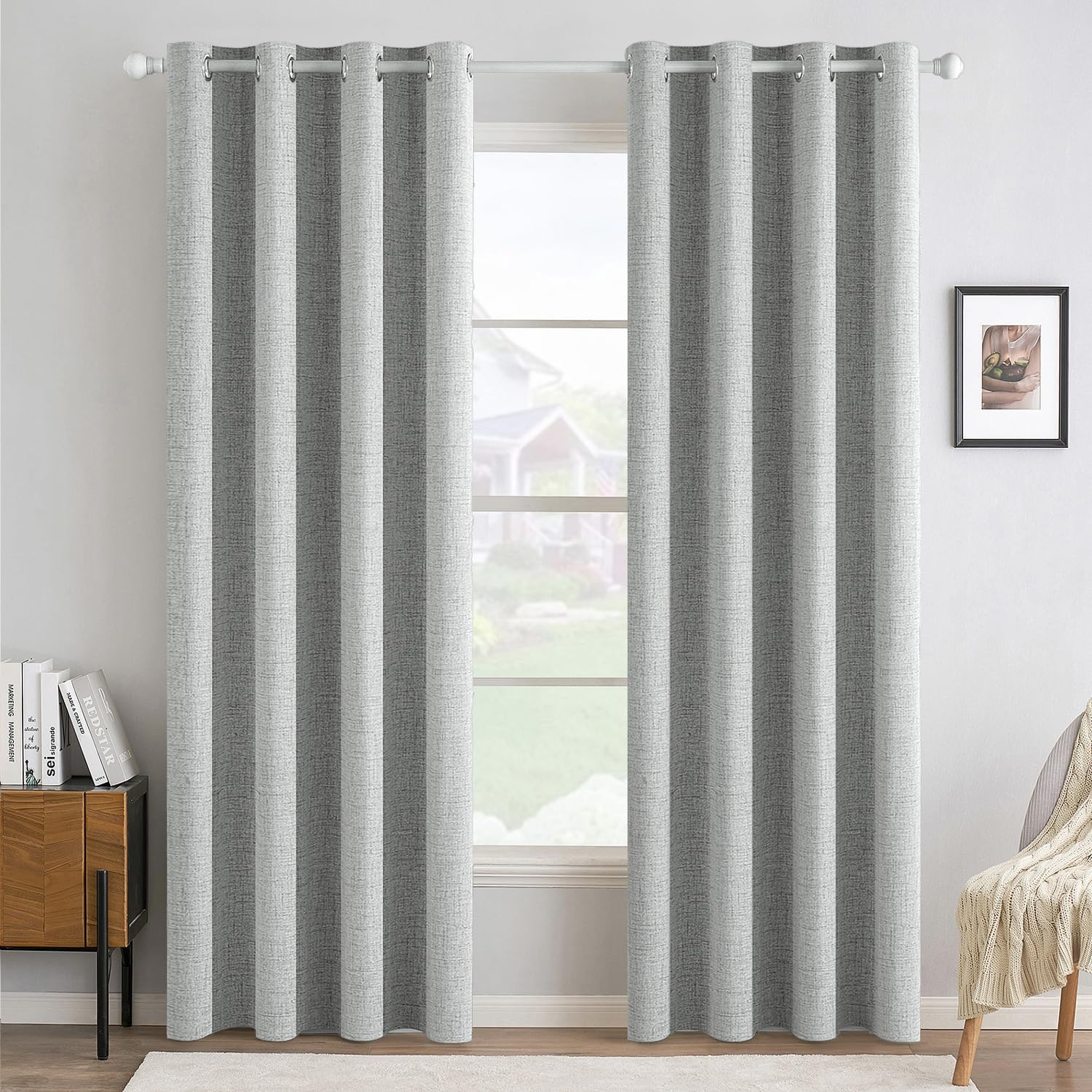 MIULEE Linen Texture Curtains for Bedroom Solid 100% Blackout Thermal Insulated Dusty Blue Curtains Grommet Room Darkening Drapes Luxury Decor for Living Room Nursery 52x84 Inch (2 Panels)