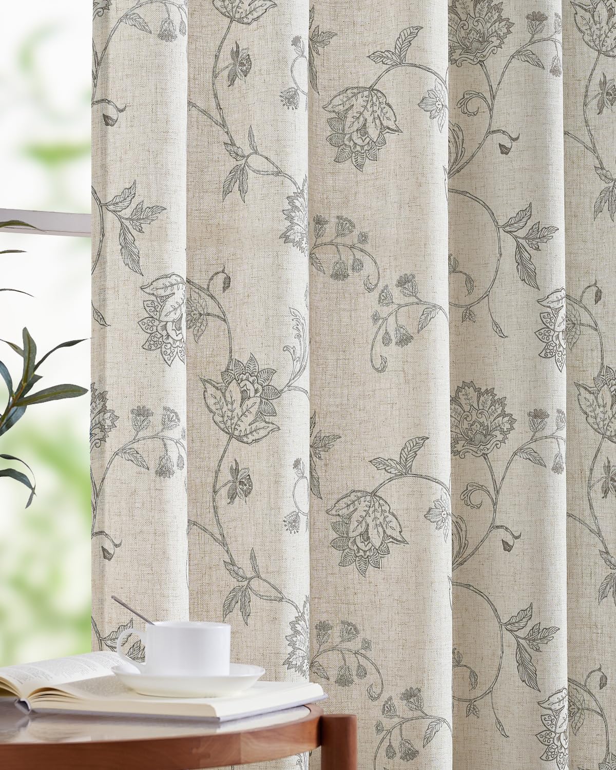 jinchan Linen Floral Curtains for Living Room with Printed Flower 84 Inches Long Light Filtering French Country Back Tab Rod Pocket Taupe Window Curtain Set Farmhouse Drapes 2 Panels Taupe