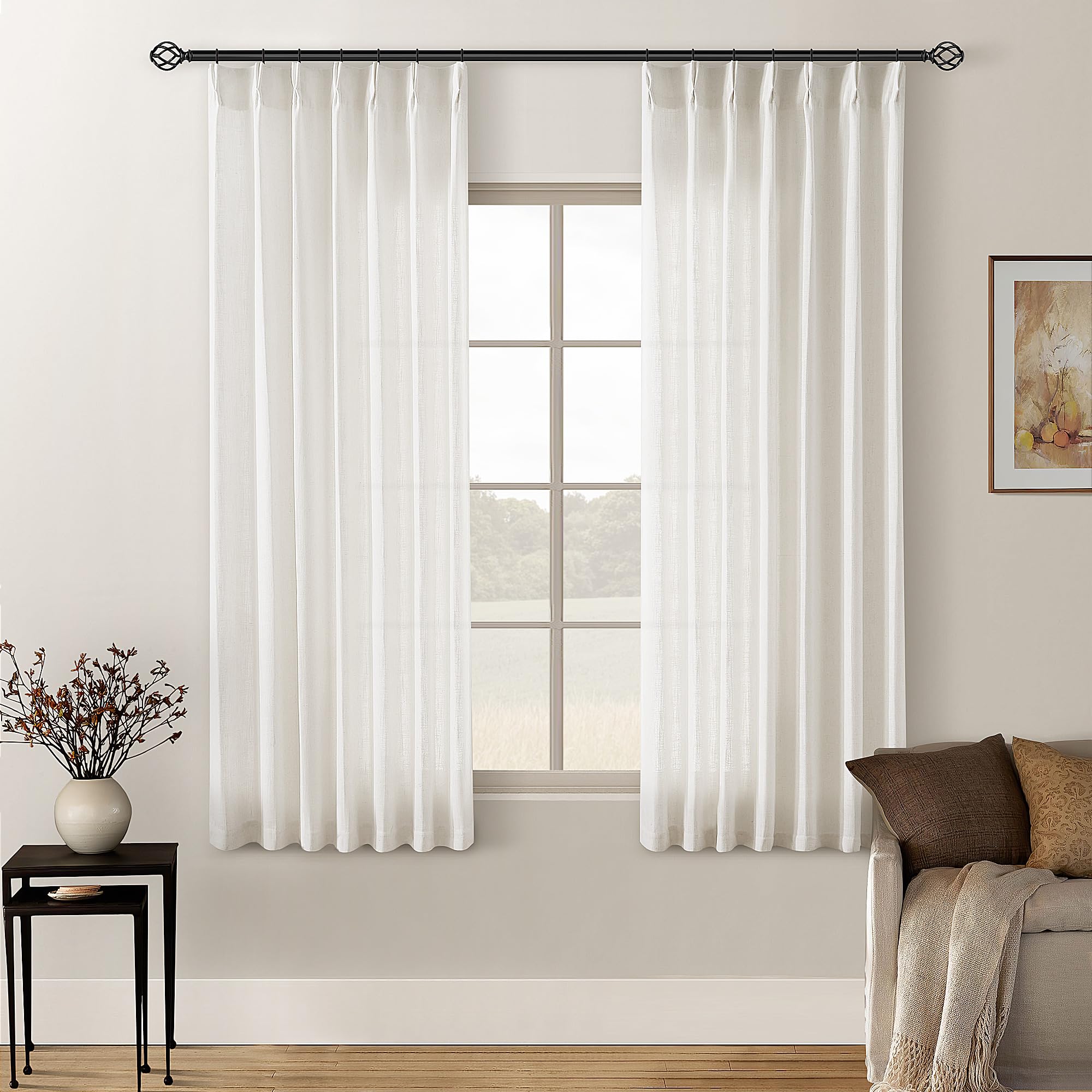 Pinch Pleated Linen Curtains 108 Inches Long for Living Room 2 Panels Set Cream Ivory Flax Double Pleated Drapes Back Tab Neutral Boho Ceiling Floor 108 Inch Window Curtains Bedroom Natural Birch
