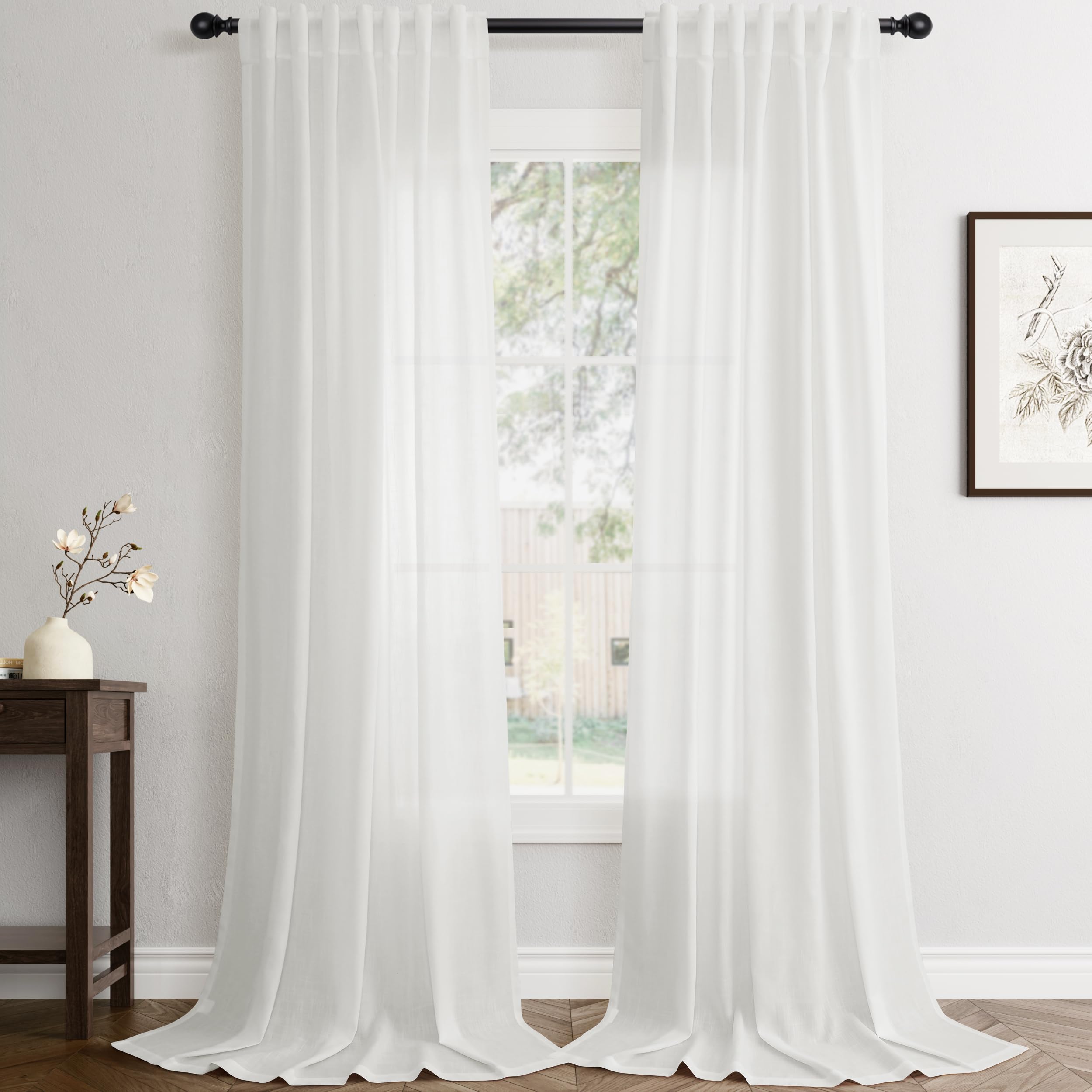 Flax Linen Beige Curtains 96 inches Long 2 Panel for Living Room Back Tab Pocket Drapes Semi Sheer Privacy Khaki Window Curtain Country Rustic Farmhouse Cloth Curtain for Dinning Room Tan