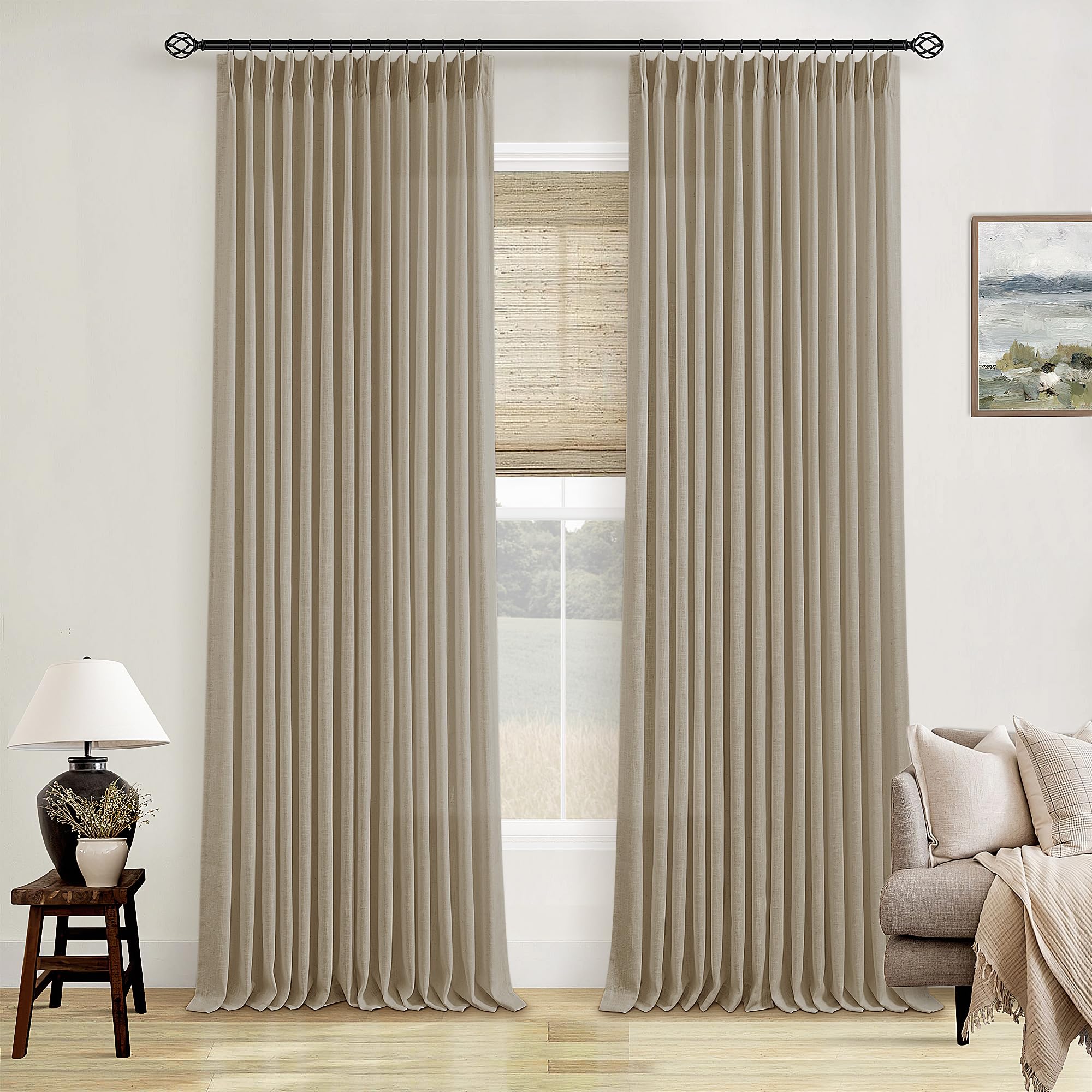 Pinch Pleated Linen Curtains 108 Inches Long for Living Room 2 Panels Set Cream Ivory Flax Double Pleated Drapes Back Tab Neutral Boho Ceiling Floor 108 Inch Window Curtains Bedroom Natural Birch