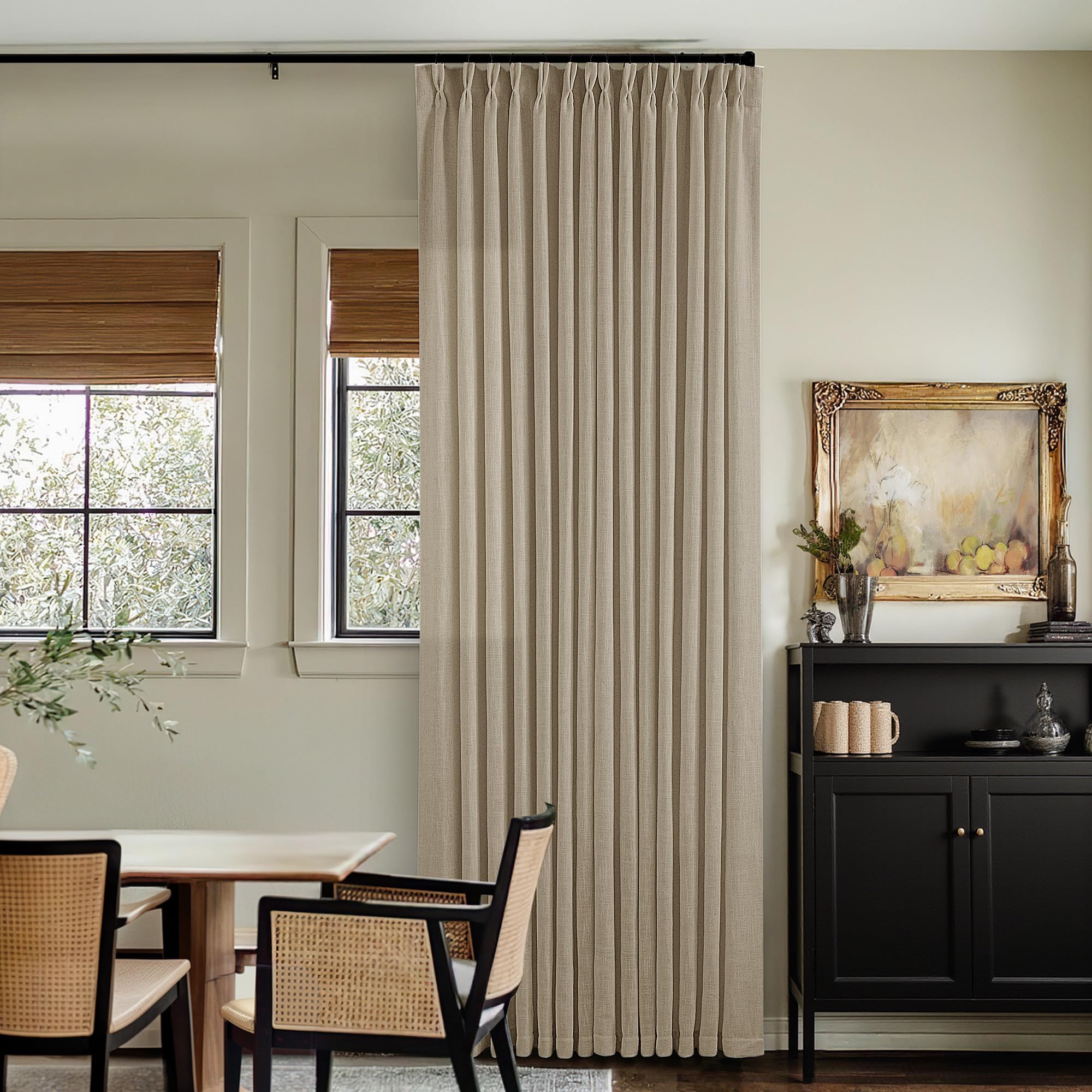 Pinch Pleated Linen Curtains 108 Inches Long for Living Room 2 Panels Set Cream Ivory Flax Double Pleated Drapes Back Tab Neutral Boho Ceiling Floor 108 Inch Window Curtains Bedroom Natural Birch