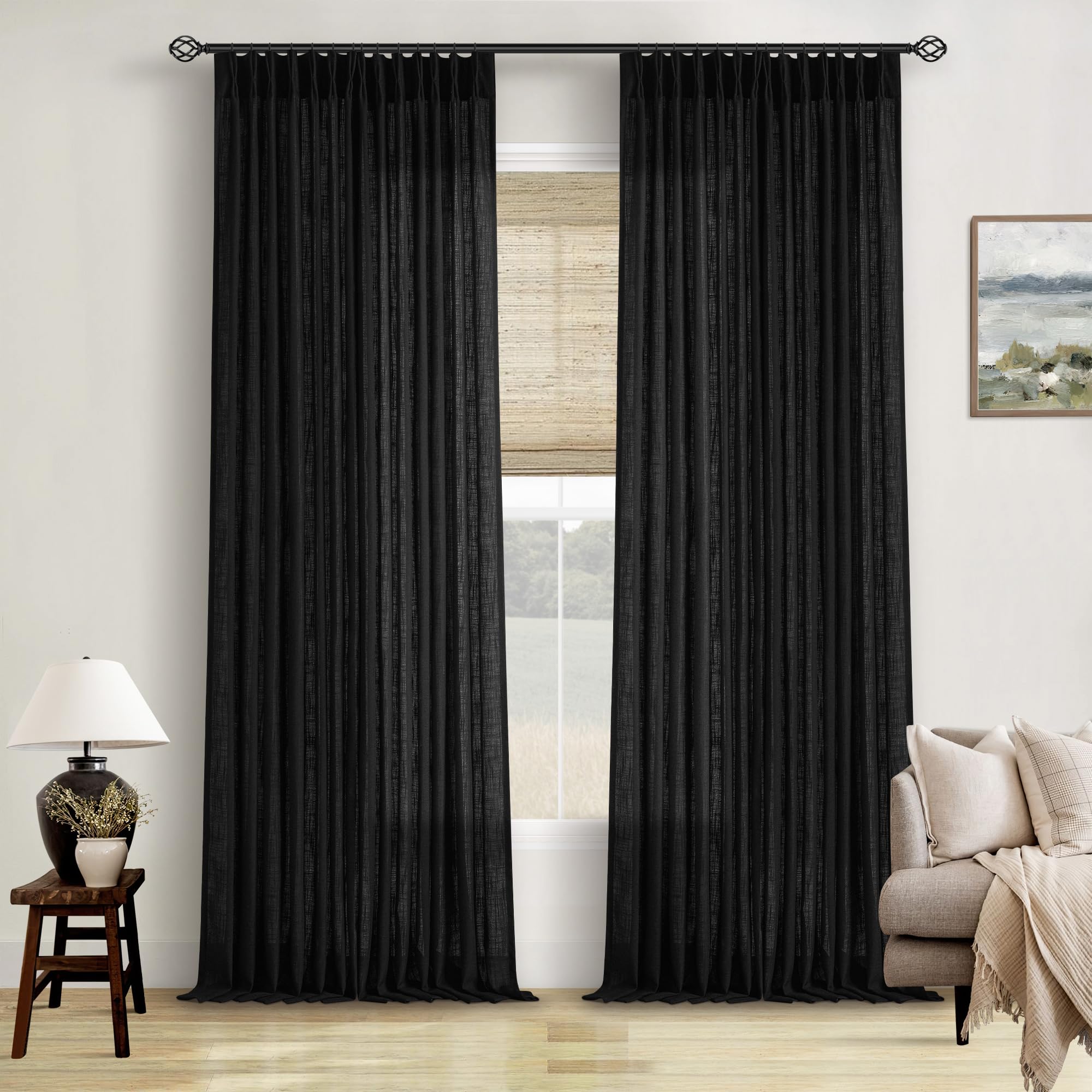 Pinch Pleated Linen Curtains 108 Inches Long for Living Room 2 Panels Set Cream Ivory Flax Double Pleated Drapes Back Tab Neutral Boho Ceiling Floor 108 Inch Window Curtains Bedroom Natural Birch