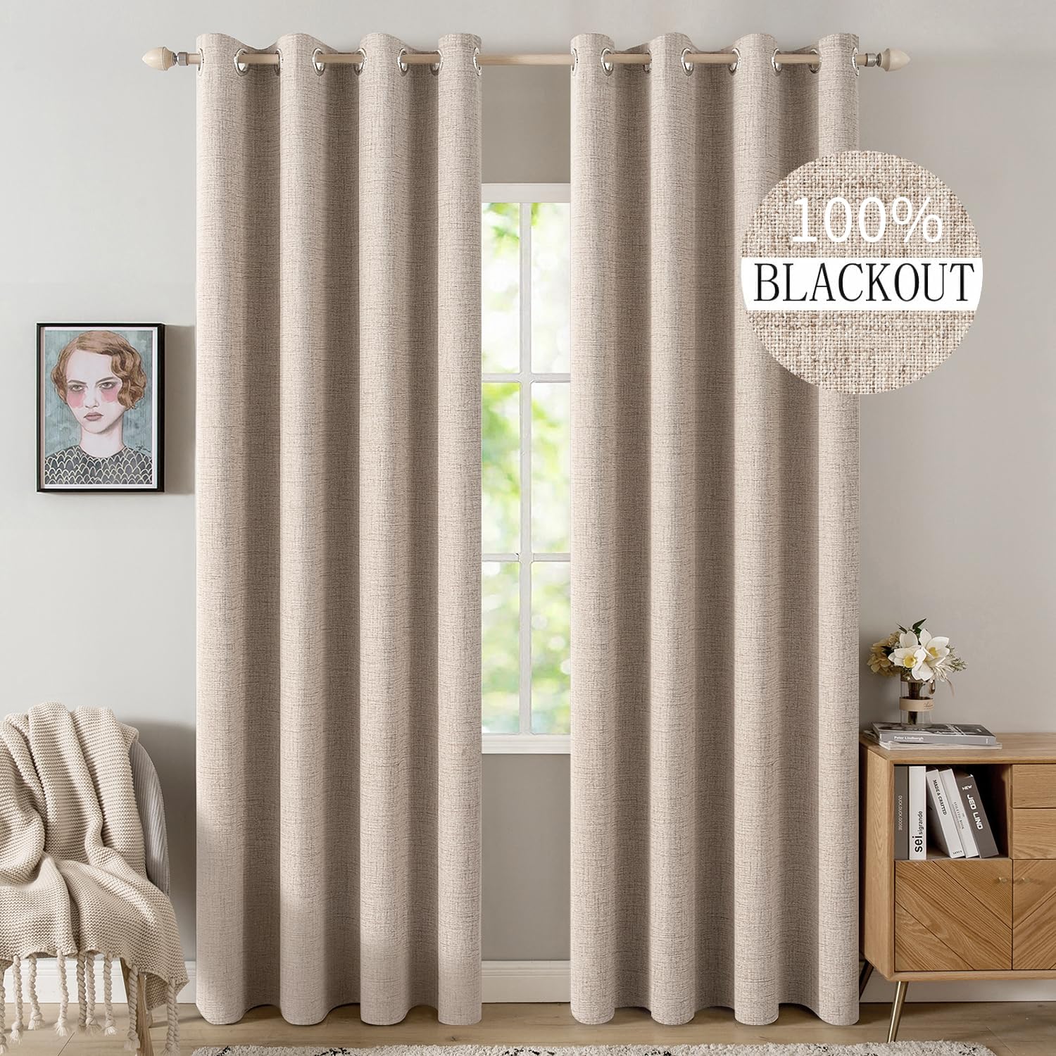 MIULEE Linen Texture Curtains for Bedroom Solid 100% Blackout Thermal Insulated Dusty Blue Curtains Grommet Room Darkening Drapes Luxury Decor for Living Room Nursery 52x84 Inch (2 Panels)