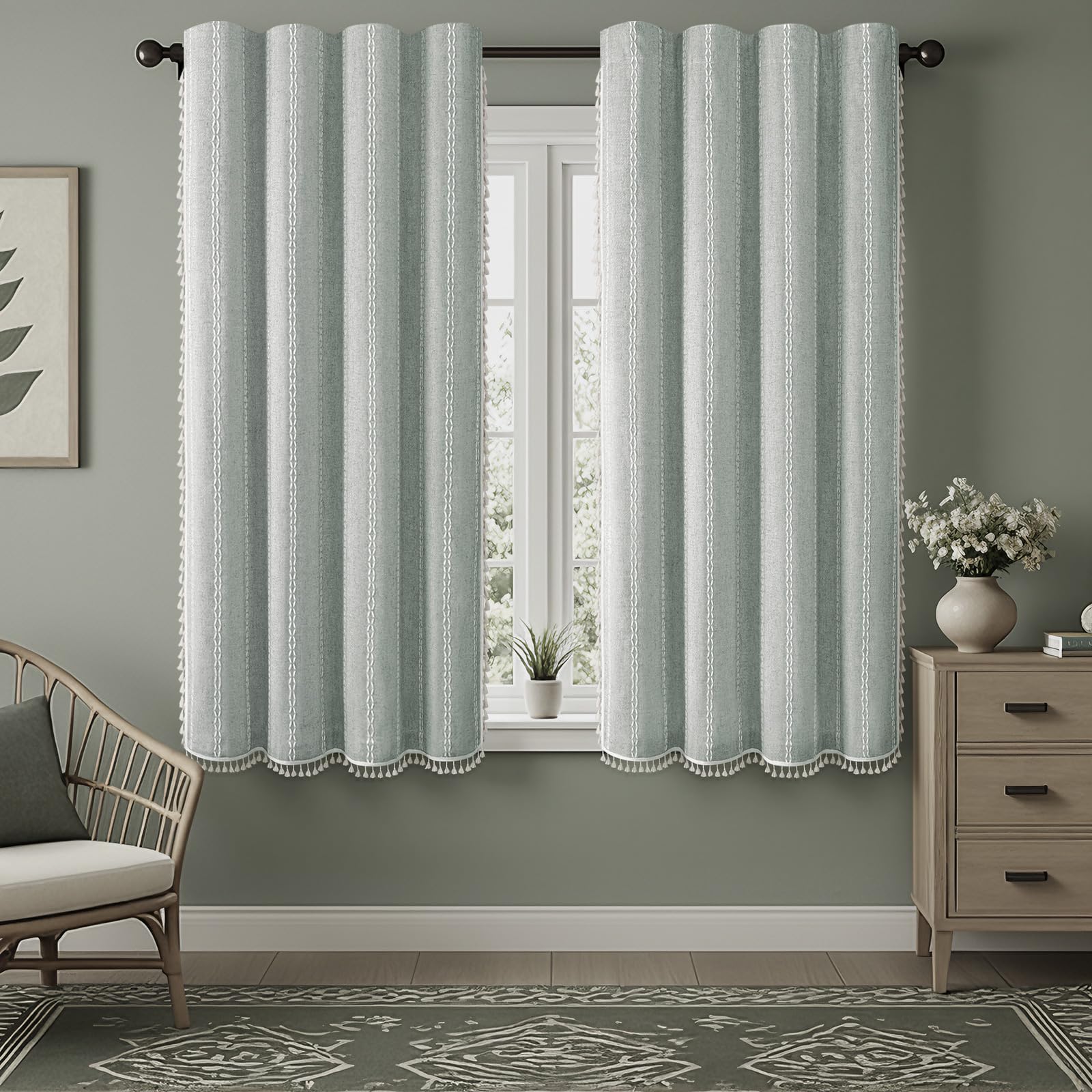 Boho Blackout Curtains 2 Panels 84 Inch for Living Room Bedroom, Beige Linen Texture Farmhouse Curtains with Tassels and Cotton Embroidery Vintage Rustic Western Rod Pocket