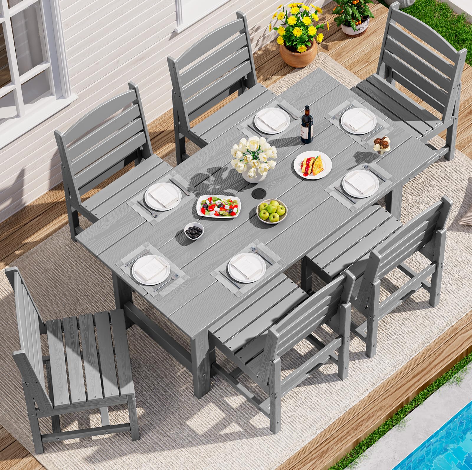 SERWALL 7-Piece Patio Dining Table Sets, Outdoor HDPE Dining Furniture Set with Umbrella Hole Cut-Out Table and 6 Chairs, Blue
